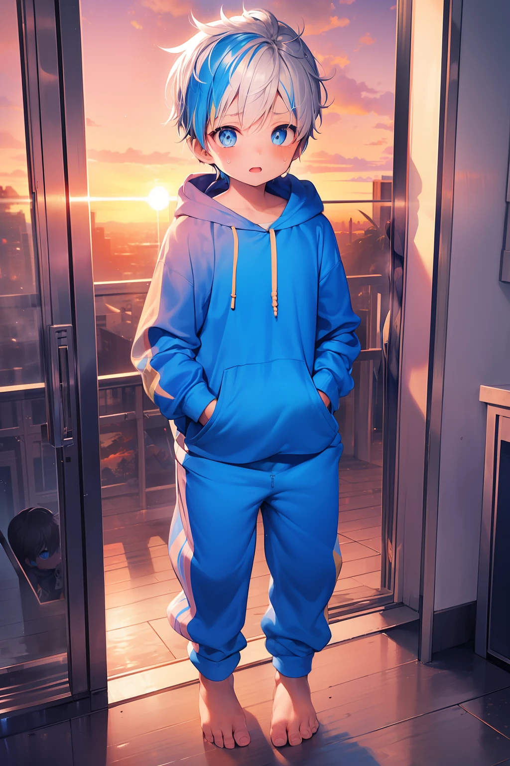 2 Little boys with bright rainbow colored hair and shiny bright blue eyes and barefoot and small feet wearing a yellow oversized hoodie and sweatpants sitting on a window ledge, blushing, young, boy, child, small, toddler, tiny feet, (sweatpants:1.4), (young:1.4), (child:1.4), (shota:1.4), (hoodie:1.4), (Sunset:1.4)