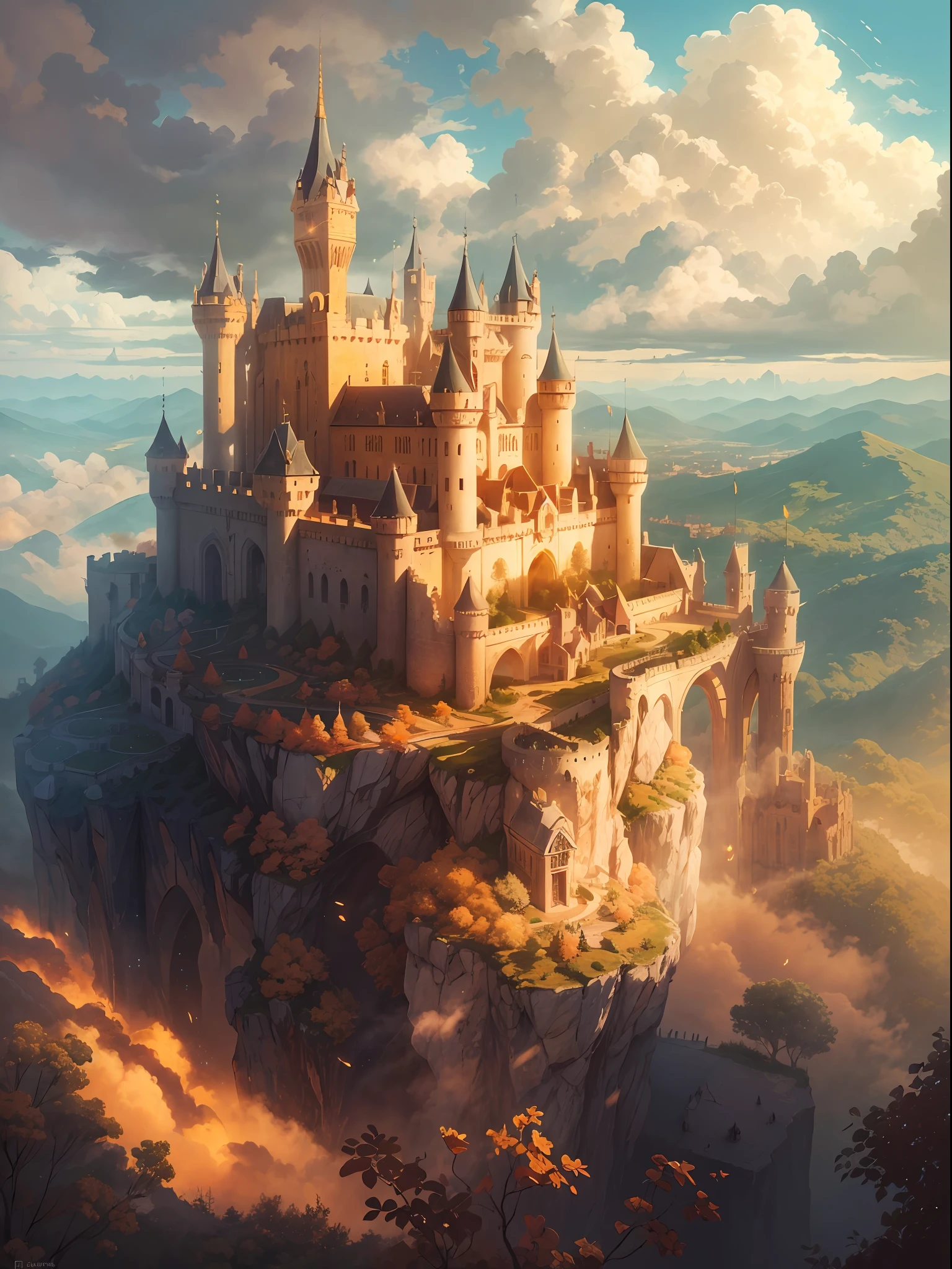 "A majestic and enchanting, Castle in the Sky, overlooking a vast and ethereal landscape. The castle is bathed in golden sunlight, casting beautiful shadows on its ancient walls. The sky above is filled with fluffy clouds and a touch of mystery.+"