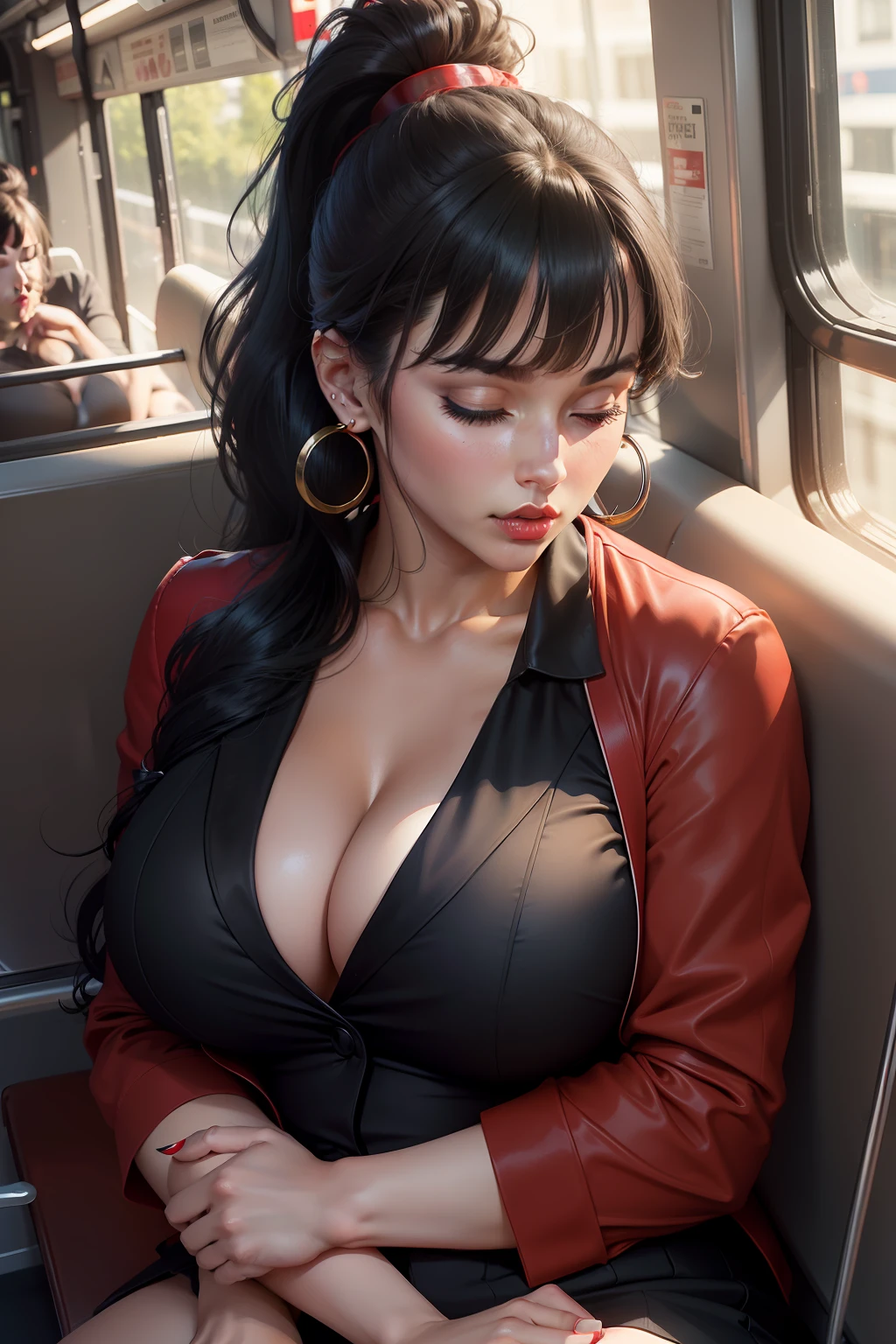 1 beautiful woman, large body, 30 year old, made up face, full lips, black hair, hair in a ponytail, long ponytail, hair with bangs, small earrings, red suit, cleavage, red skirt, red lips, black shoes, big nails, made-up eyelids, asleep lying on the bus, eyes closed, mouth open.