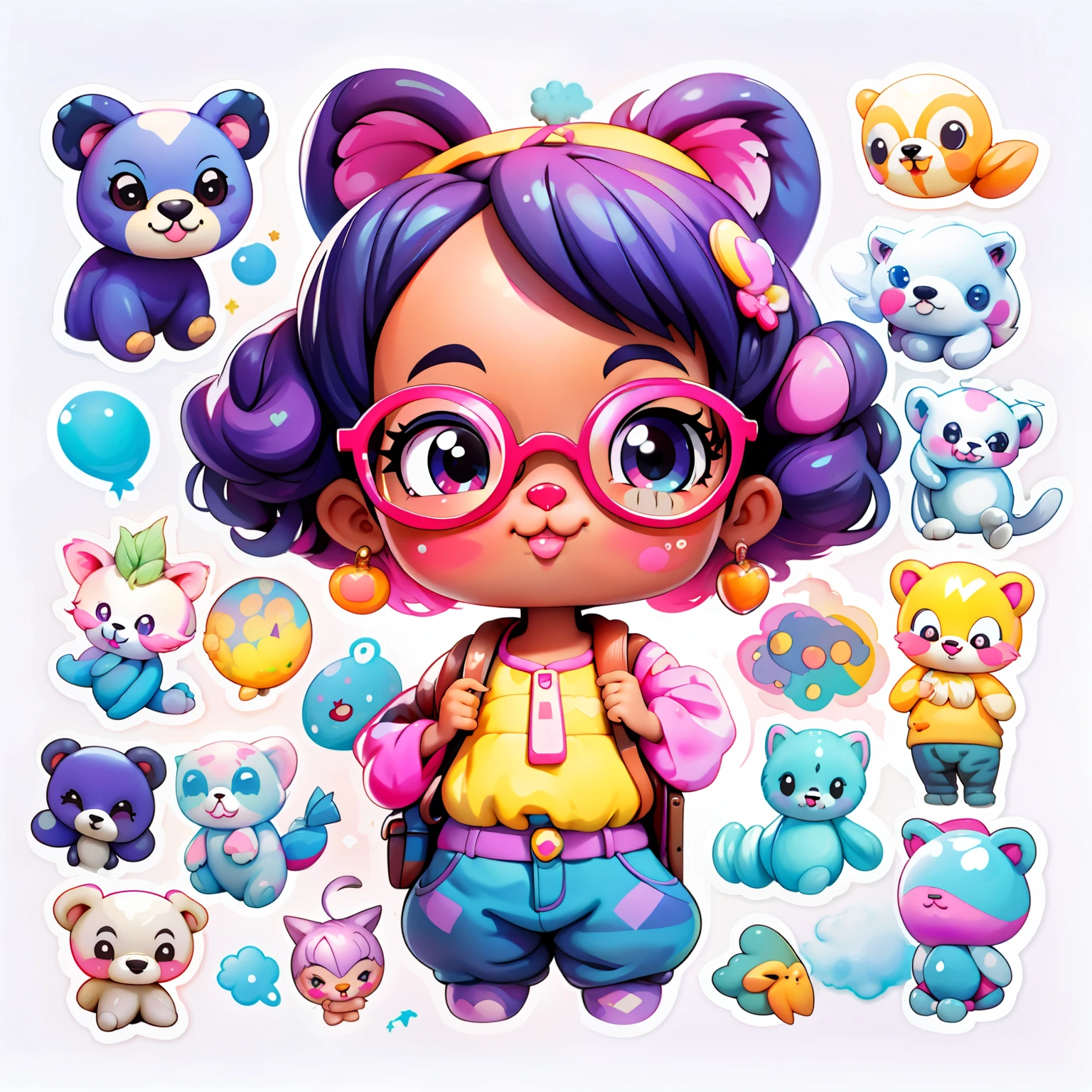 a cartoon girl with glasses, african american girl, african american elegant girl, purple backpack, long pants, bear shirt, super cute funky black girl, cute detailed digital art, portrait of a lisa frank, cute digital art, cartoon artstyle, cartoon art style, colorfull illustration, advanced digital chibi art, cartoon style illustration, adorable digital painting, cute art style, lisa frank style, cute cartoon character