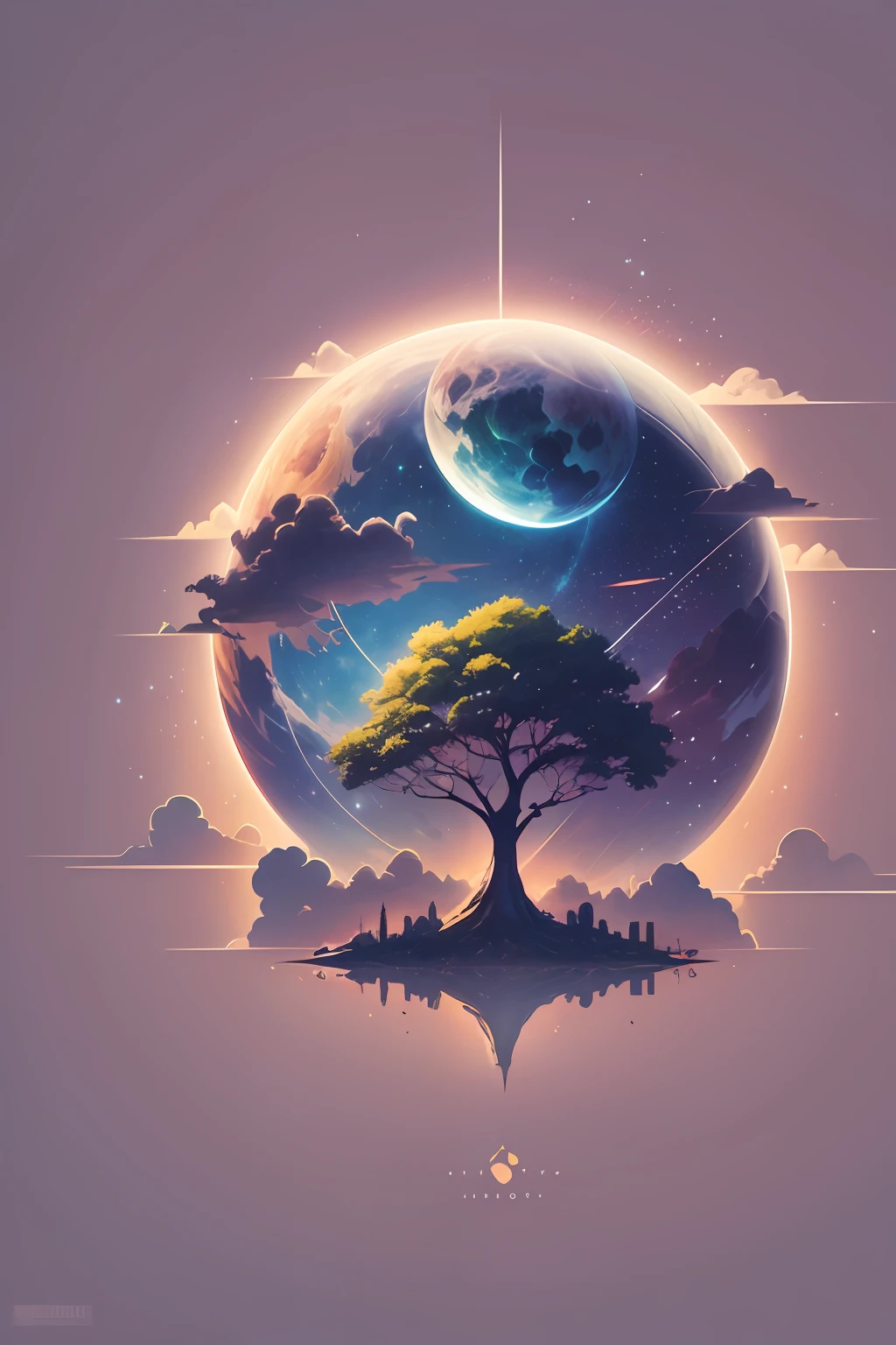 in style of logo design , World tree background,City on the Clouds，starrysky，the night，Genesis