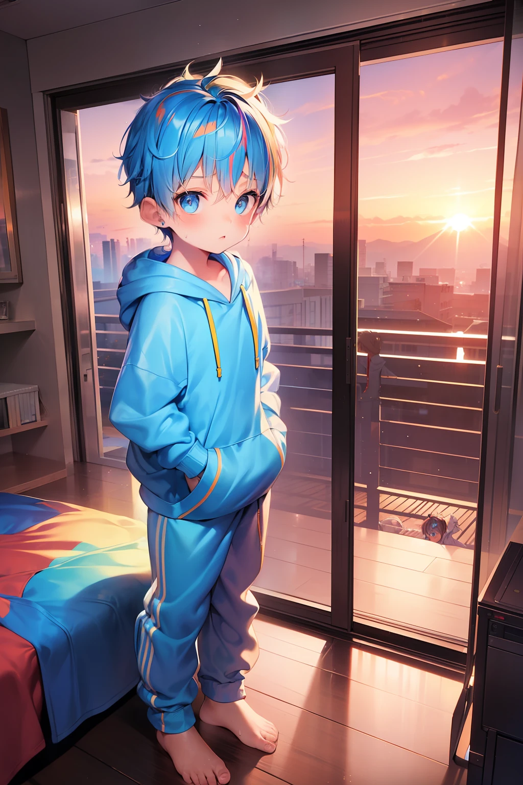 2 Little boys with bright rainbow colored hair and shiny bright blue eyes and barefoot and small feet wearing a yellow oversized hoodie and sweatpants sitting on a window ledge, blushing, young, boy, child, small, toddler, tiny feet, (sweatpants:1.4), (young:1.4), (child:1.4), (shota:1.4), (hoodie:1.4), (Sunset:1.4)