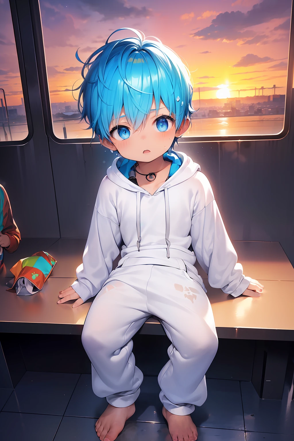 2 Little boys with bright rainbow colored hair and shiny bright blue eyes and barefoot and small feet wearing a yellow oversized hoodie and sweatpants sitting on a window ledge, blushing, young, boy, child, small, toddler, tiny feet, (sweatpants:1.4), (young:1.4), (child:1.4), (shota:1.4), (hoodie:1.4), (Sunset:1.4)