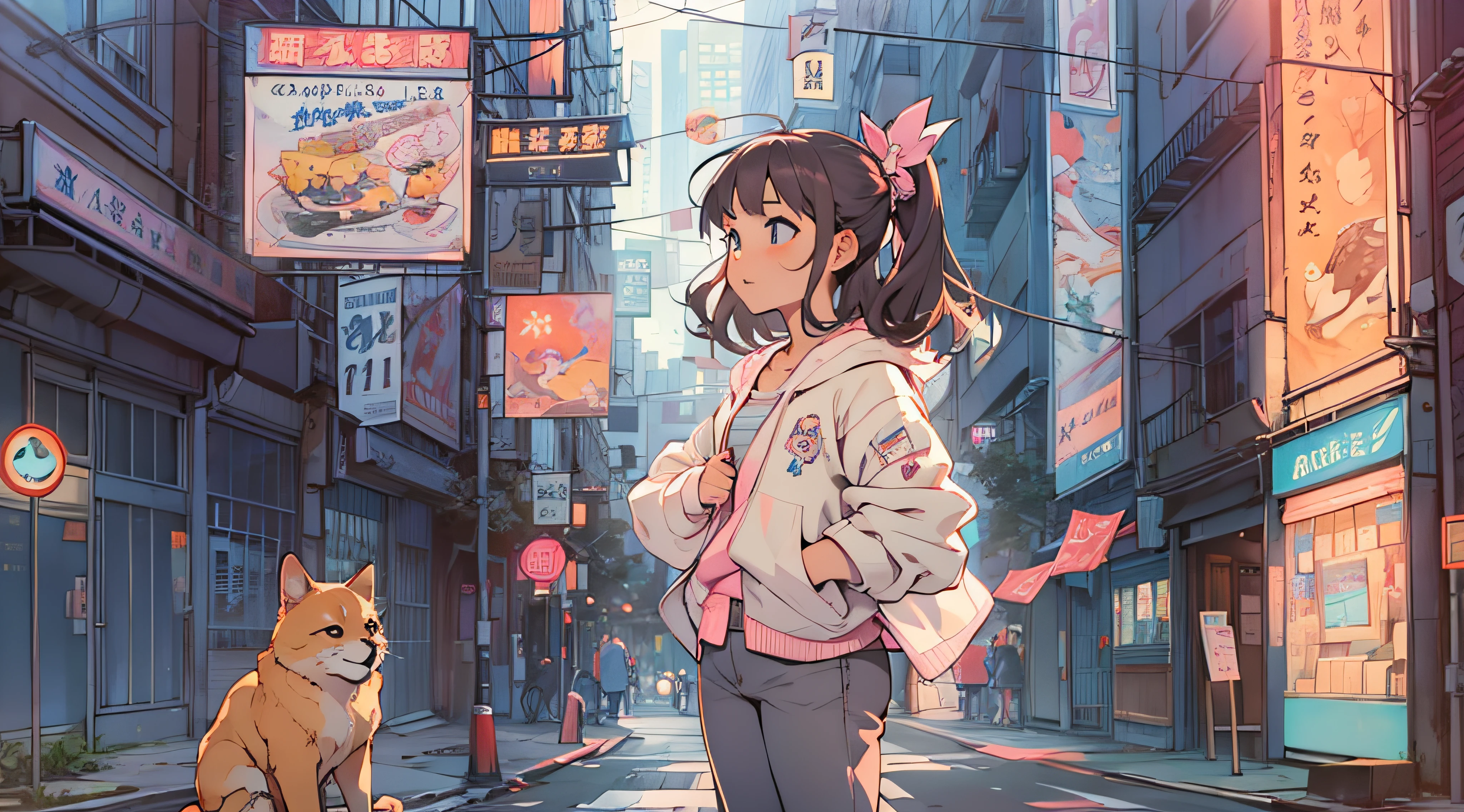 single cute adult girl, standing in city
