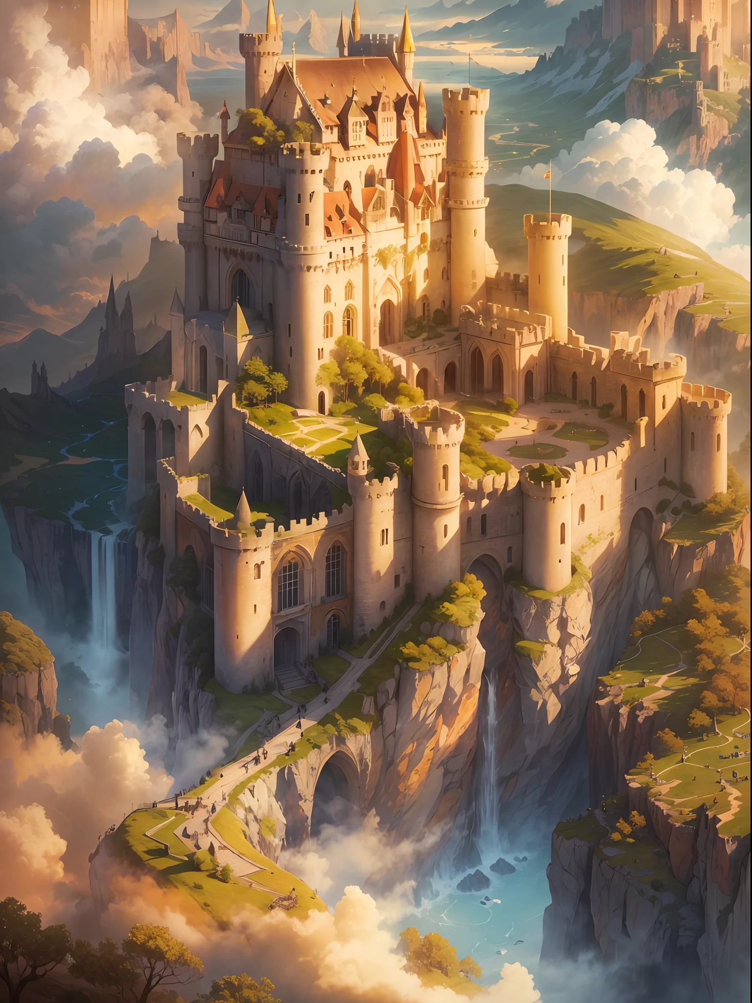 "A majestic and enchanting, Castle in the Sky, overlooking a vast and ethereal landscape. The castle is bathed in golden sunlight, casting beautiful shadows on its ancient walls. The sky above is filled with fluffy clouds and a touch of mystery.+"
