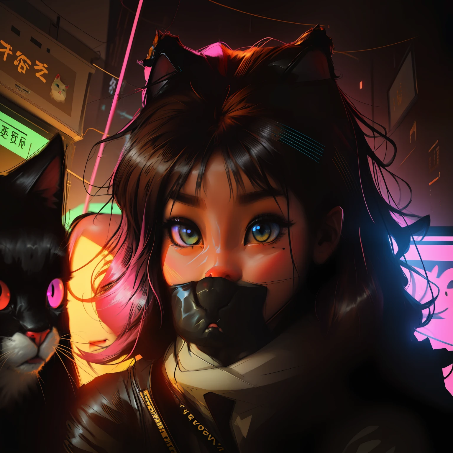 Realistic anime girl with a black cat anime, neon light, ouro , Cyberpunk, arte digital, vibrante, triste, cores rosa neon, brilhos por toda a parte, imagem linda e impressionante