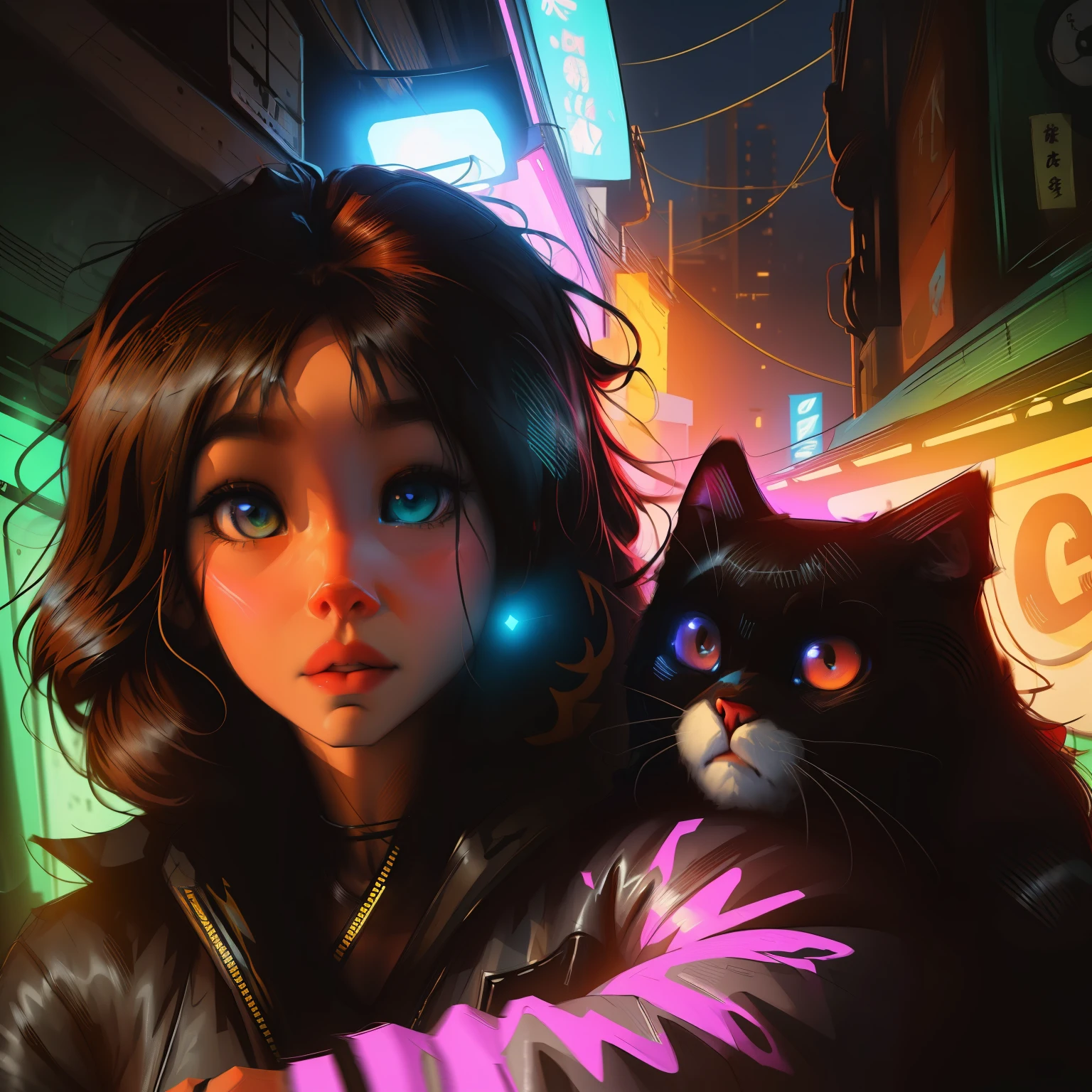 Realistic anime girl with a black cat anime, neon light, ouro , Cyberpunk, arte digital, vibrante, triste, cores rosa neon, brilhos por toda a parte, imagem linda e impressionante