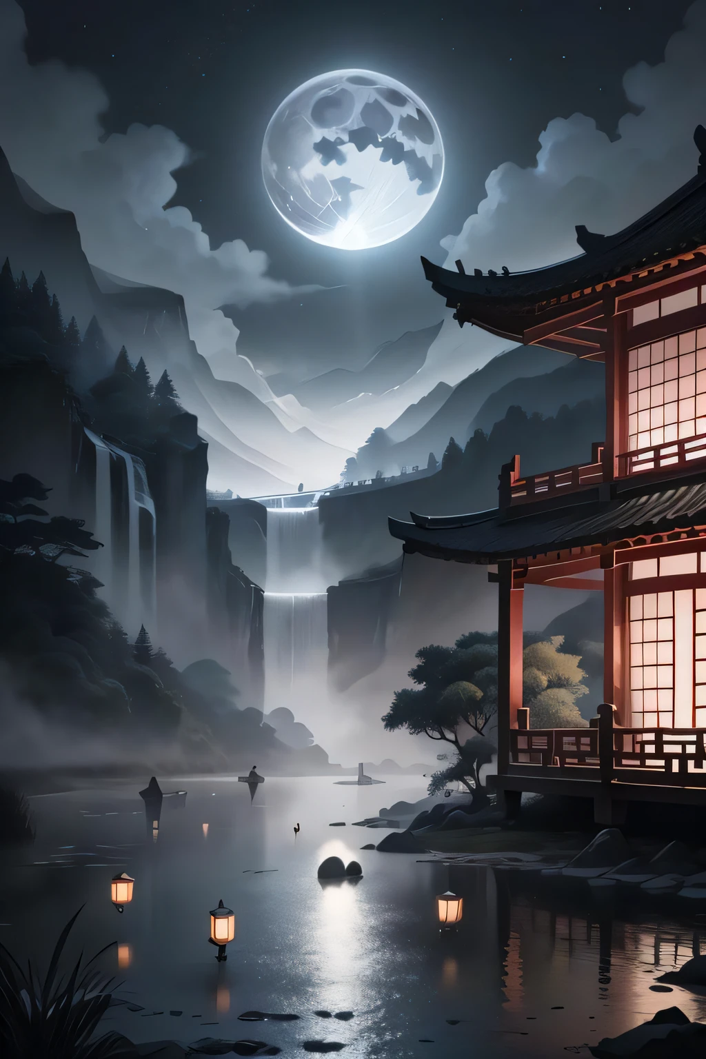 masterpiece,best quality,Chinese martial arts style,an asian night scene with lanterns and water lilies,asian pond with many lanterns and boatsa night scene with many lights and boats in the water, Lake surface, lotus flowers,beautiful night scene,(((Chinese martial arts style))), with vast sky, continuous mountains and steep cliffs, ink wash style, outline light, atmospheric atmosphere, depth of field, mist rising, bamboo, pine trees, octagonal stone pavilion, waterfall flowing water,big full moon,(No color) , Monochrome, light color,