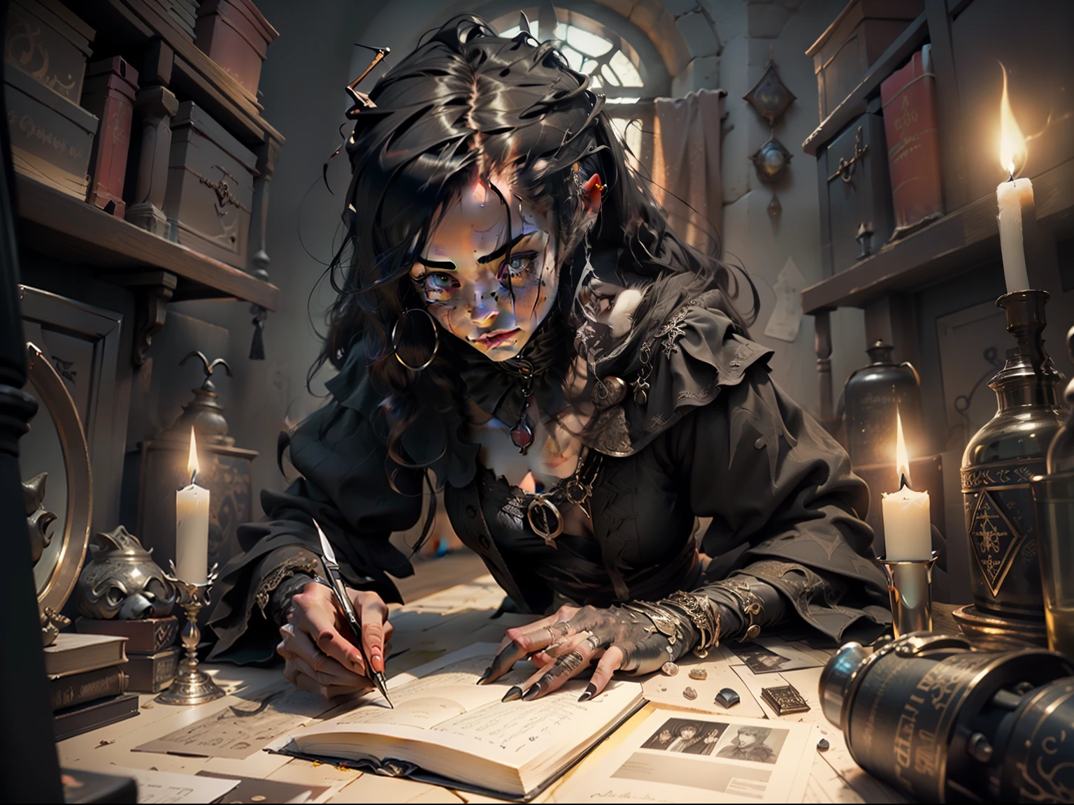 a shadowy black cat behind his back lying in a book staring at a candle, lisa parker, casting a spell, Home Wicca Scene, oil painting of cat witch, em um porta-velas, bruxa do gato, Directed by: Melissa Benson, spell book, candlelit, 3 0, Directed by: Rota Sanderson, casting a spell on a potion, detailed 3d gothic oil painting, Directed by: Ana Stokes, gothic horror vibes, Directed by: Ivan Meštrović, arte de fantasia de terror