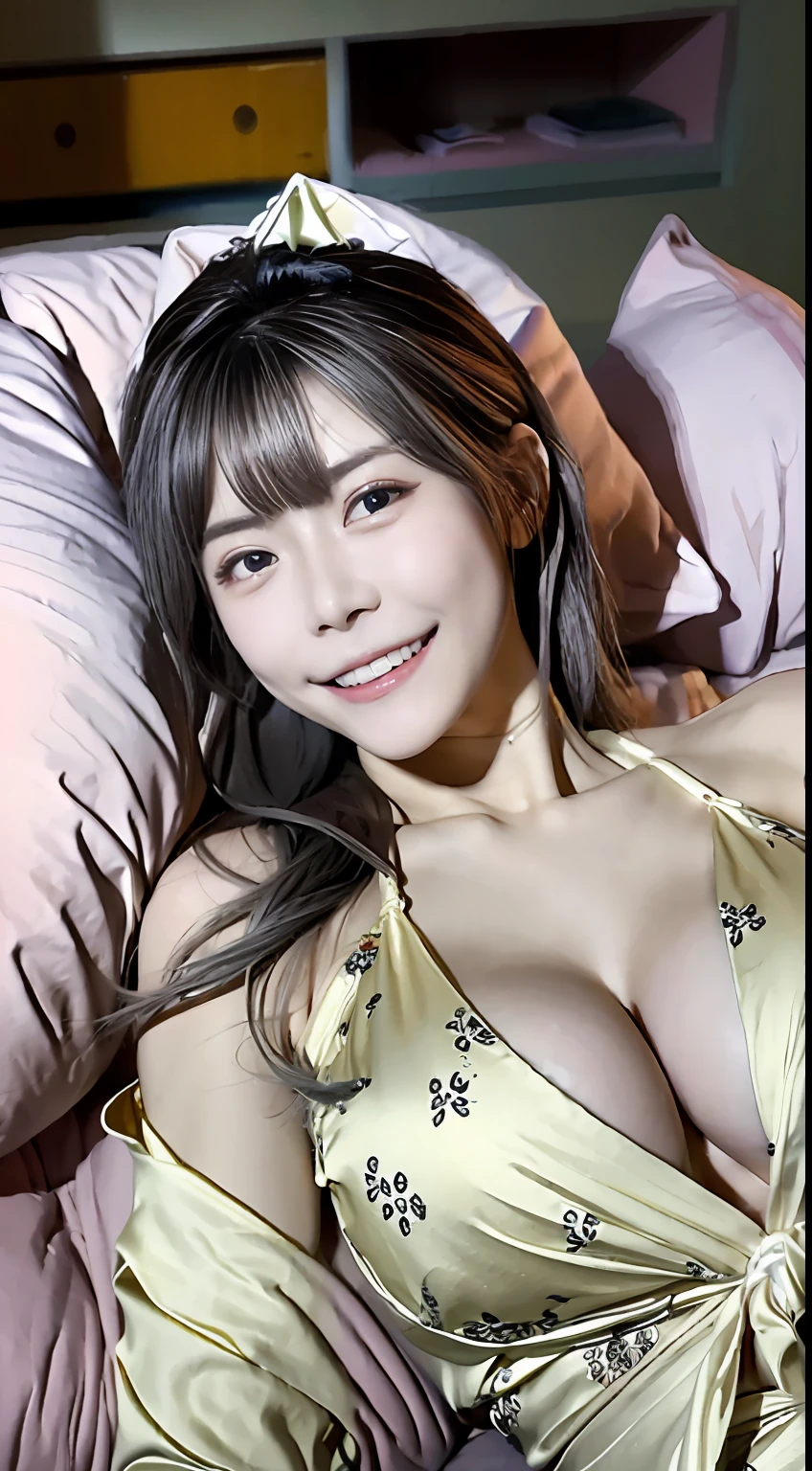 top-quality、超A high resolution、(Photorealsitic:1.4)、女の子1人、inn、White yukata、Chest wide open、(faded ash gray hair:1)、(huge-breasted:1.2)、looking at viewert、 (Lying on your back on a futon))、A smile