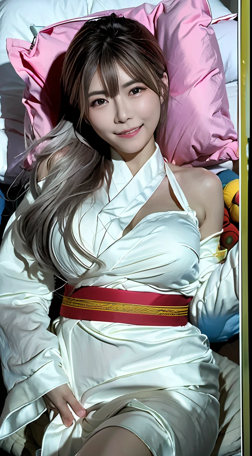 top-quality、超A high resolution、(Photorealsitic:1.4)、1人、inn、White yukata、Chest wide open、(faded ash gray hair:1)、(huge-breasted:1.2)、looking at viewert、 (Lying on your back on a futon))、A smile