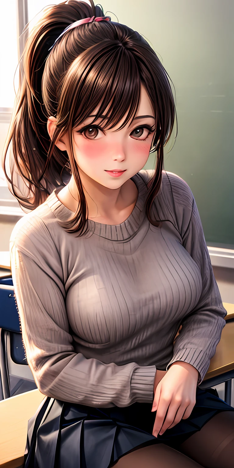 best quality, ultra high res, classroom, (photorealistic:1.4), 1girl, blush, sitting, dark brown hair, gyaru, ponytail, sweater, pleated skirt, pantyhose