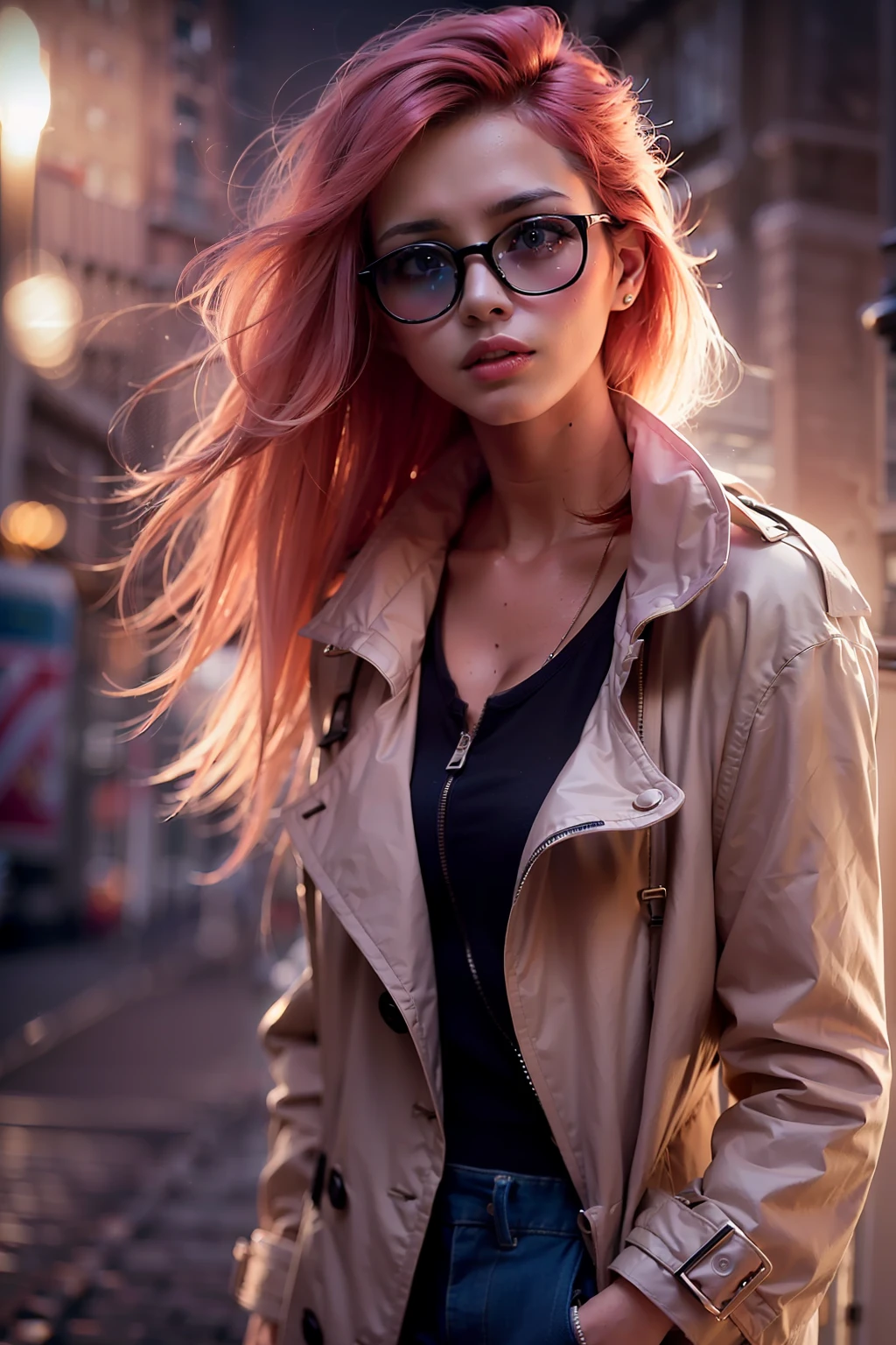 ( 
    (Character: one french woman, detective, slim body, slim, pink hair. shaved side haircut)
    (Clothing: pink trench coat, black shirt, glasses, boots)
    (Pose: full body shot:1.7, dynamic pose)
    (blurry, intense urban lights in background) 
    (Style: ((masterpiece:1.5)), (face detailed), photo-realistic:1.3, hyperrealistic, foggy, high contrast, shiny skin, soft lighting, backlighting, bloom, light sparkles, chromatic aberration)