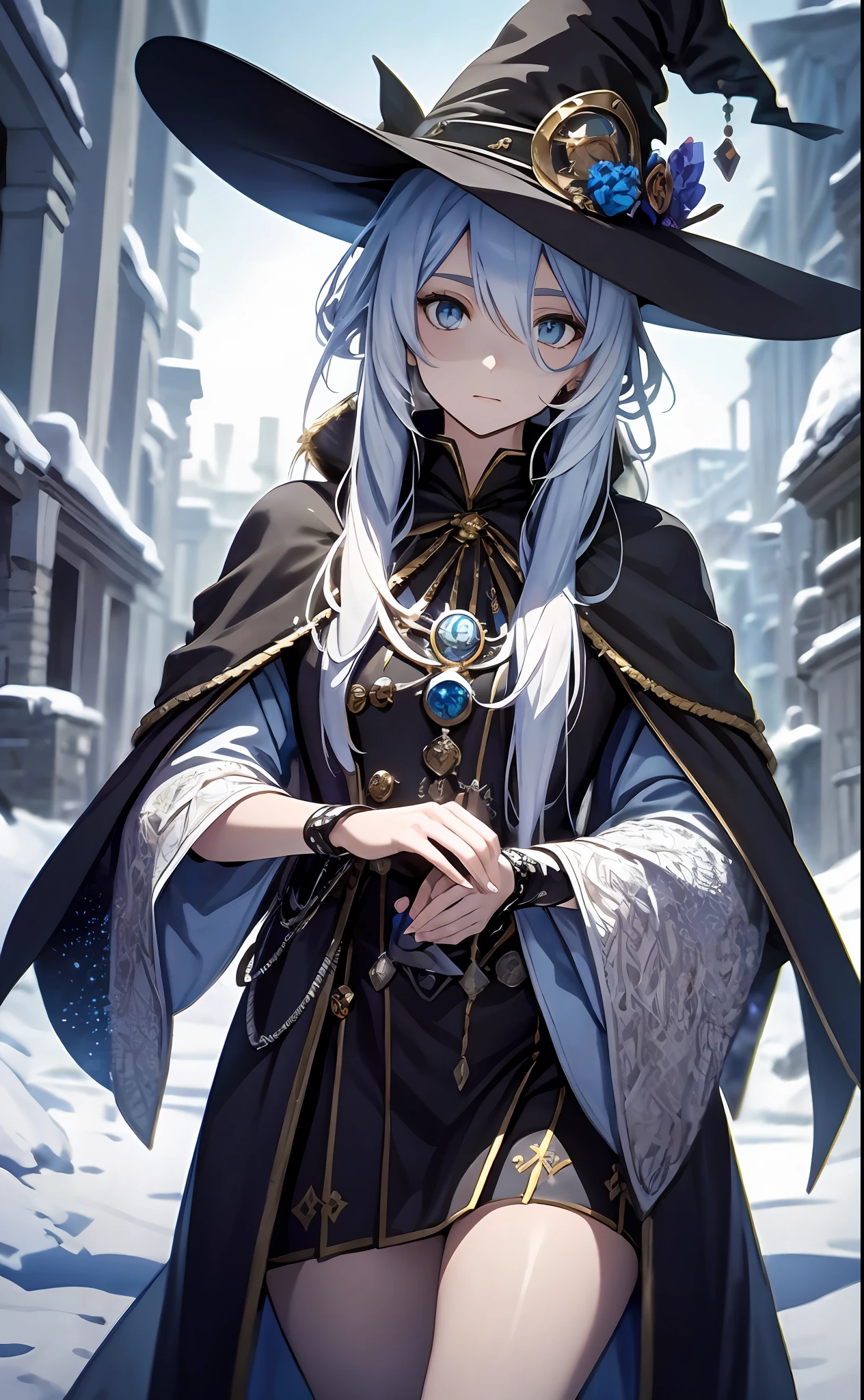 best qualityer,tmasterpiece,Ultimate resolution,downy,Extremely colorful,Colorful,The Witch,Long silver-blue hair,hair-bun,a matural female,Witch robes,Magic Hat,sceptre,snow country,Lost snow,Normal posture