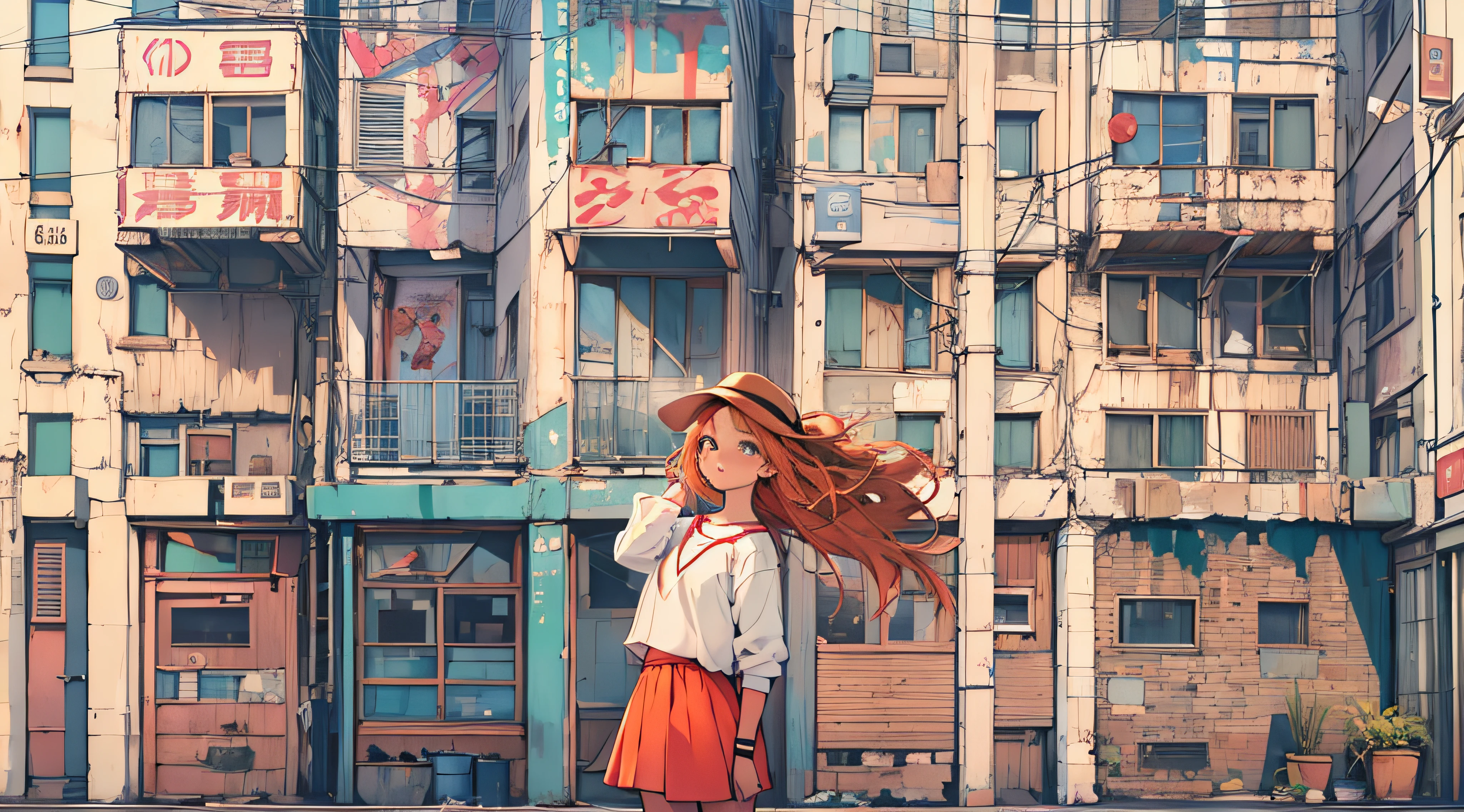 single cute adult girl, standing in city