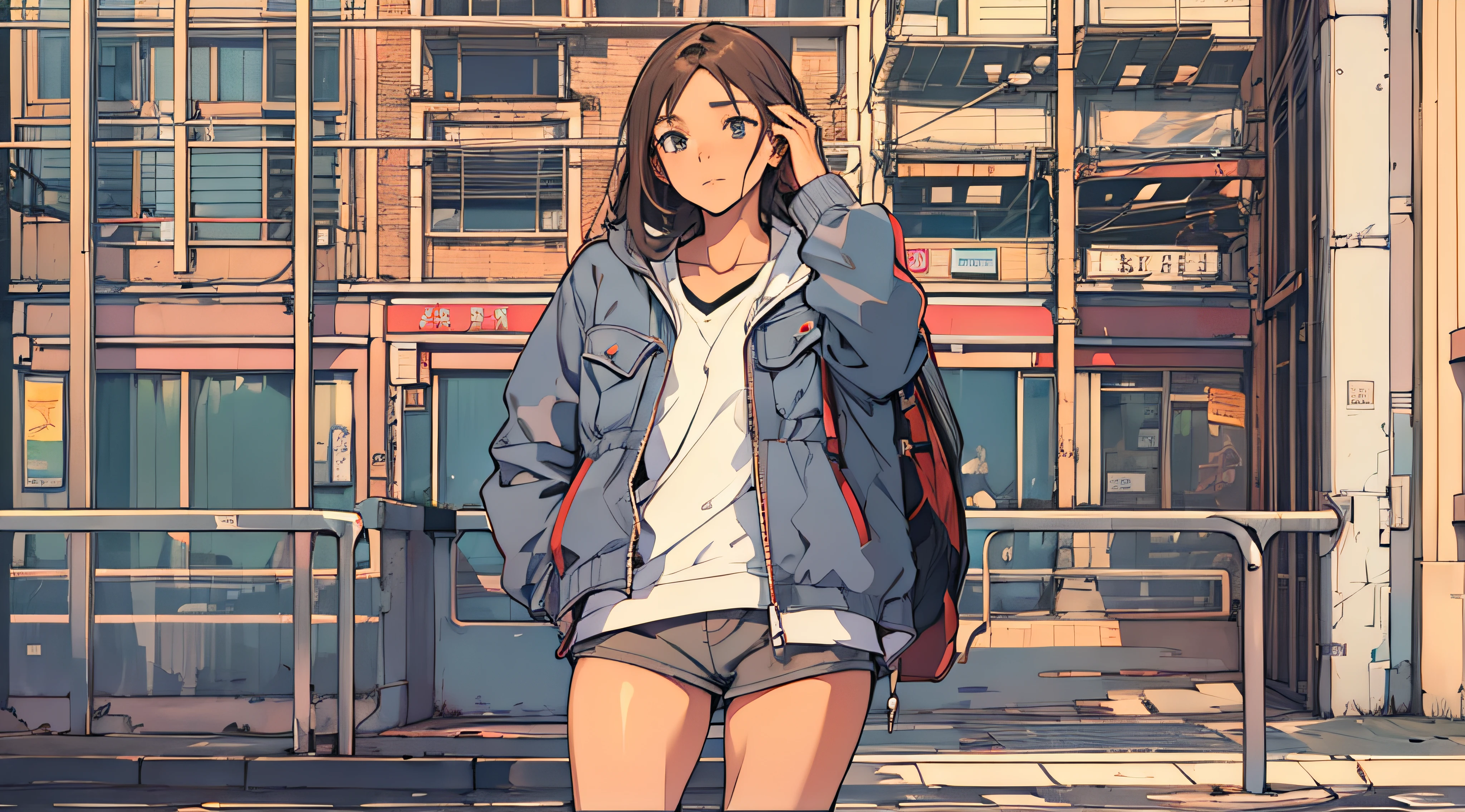 single cute adult girl, standing in city