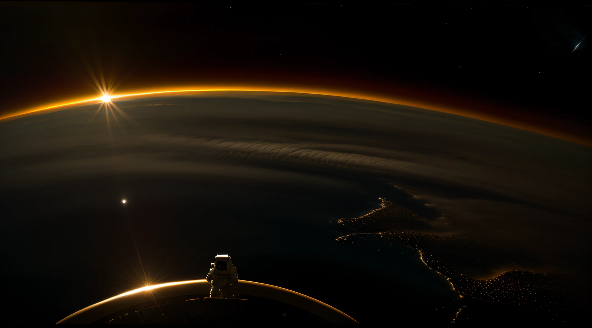 RAW photo, absurdres, high quality, photorealistic, 
landscape, space, astronaut, looking at viewer, sun, 
ultra-detailed, 50mm, f1. 4, 8k uhd, film grain
