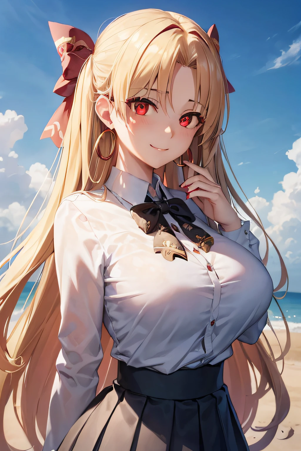 Ereshkigal, Ereshkigal, Blonde hair,  Hair Bow, hoop earrings,  Long hair, Parted bangs, (Red Eyes:1.5),  Bow, looking at the viewers, Best Quality, High resolution, Unity 8k壁纸, (Illustration:0.8), (Beautiful detailed eyes:1.6), extra detailed face, Perfect Lighting, extremely details CG, (Perfect hands, Perfect Anatomy),Naughty big、Big breasts emphasis、A smile,student clothes、(white  shirt:1.3),(Black pleated skirt)、独奏、Bare neck、(blue-sky:1.3),outside of house