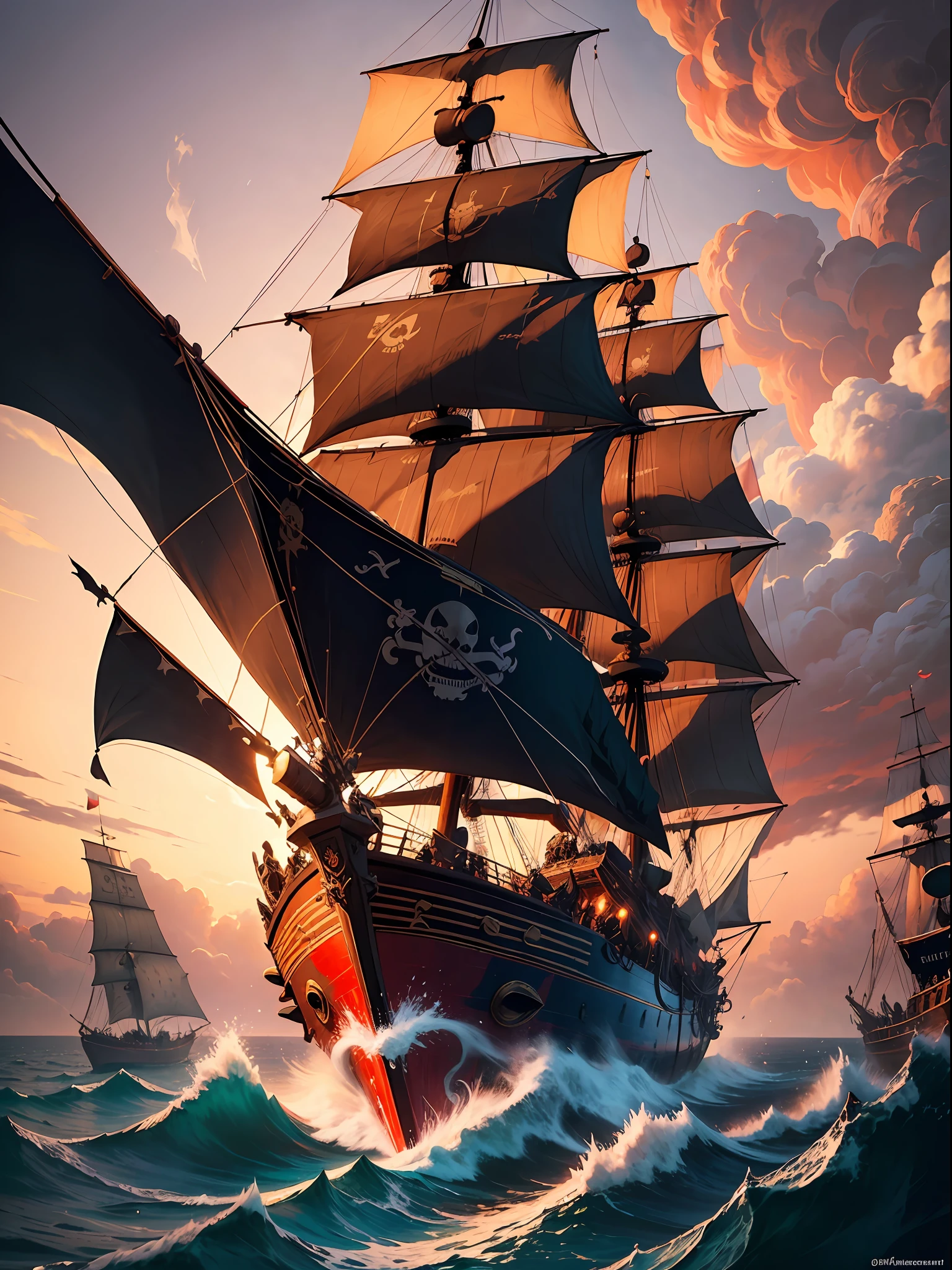 Savage digital painting of a thrilling pirate ship clash at dusk. The infamous pirate leader Blackbeard stands defiantly on the deck of his battered ship, the Queen Anne’s Revenge, barking orders fiercely as mayhem erupts around him. Cannon smoke clouds the air as the ships unleash heavy fire, cannonballs tearing through the sails. Sailors slash and stab violently on the decks and the ropes high above. The crimson sunset casts a menacing glow over the scene. Blackbeard’s wicked flag featuring a skeleton skewering a heart flutters ominously atop the main mast. Vivid, fiery colors accentuate explosions and havoc with artistic flair.
