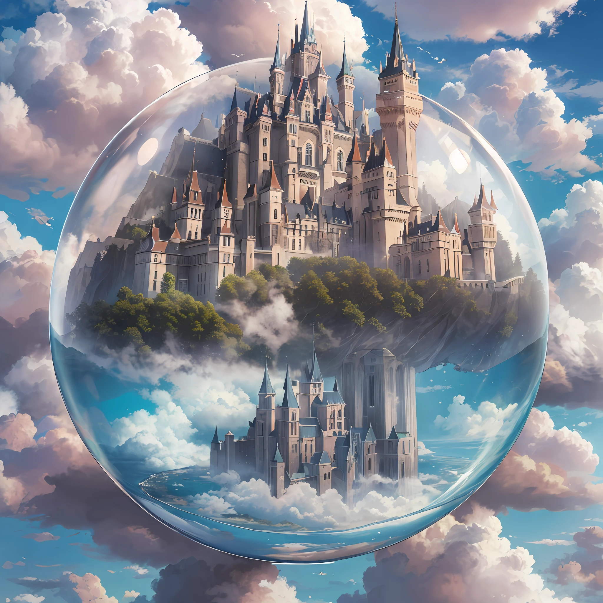 "(A beautiful castle Floating in the sky:1.4), majestic, cloud, (inside a glass sphere), (best quality:1.3), (highres:1), (incredible:1.3), (perfect:1.3), (perfection:1.3), (detailed:1.3)