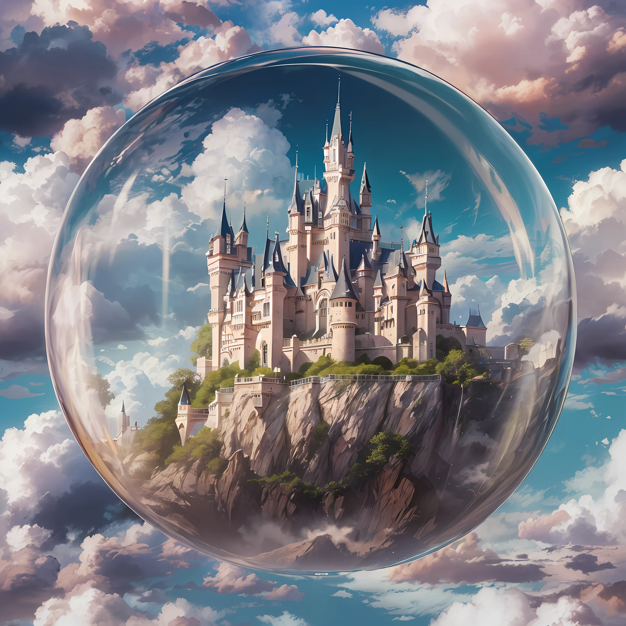 "(A beautiful castle Floating in the sky:1.4), majestic, cloud, (inside a glass sphere), (best quality:1.3), (highres:1), (incredible:1.3), (perfect:1.3), (perfection:1.3), (detailed:1.3)