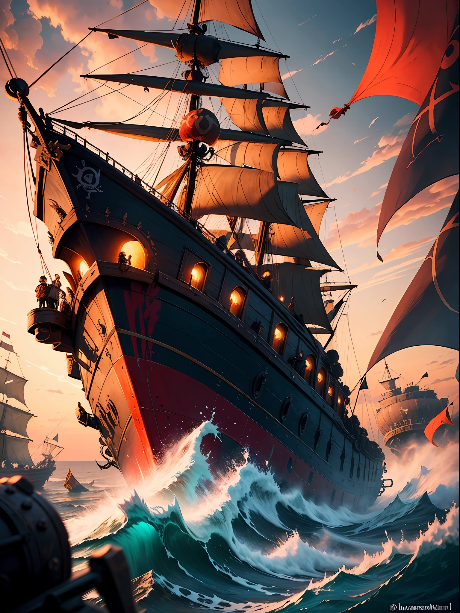 Savage digital painting of a thrilling pirate ship clash at dusk. The infamous pirate leader Blackbeard stands defiantly on the deck of his battered ship, the Queen Anne’s Revenge, barking orders fiercely as mayhem erupts around him. Cannon smoke clouds the air as the ships unleash heavy fire, cannonballs tearing through the sails. Sailors slash and stab violently on the decks and the ropes high above. The crimson sunset casts a menacing glow over the scene. Blackbeard’s wicked flag featuring a skeleton skewering a heart flutters ominously atop the main mast. Vivid, fiery colors accentuate explosions and havoc with artistic flair.