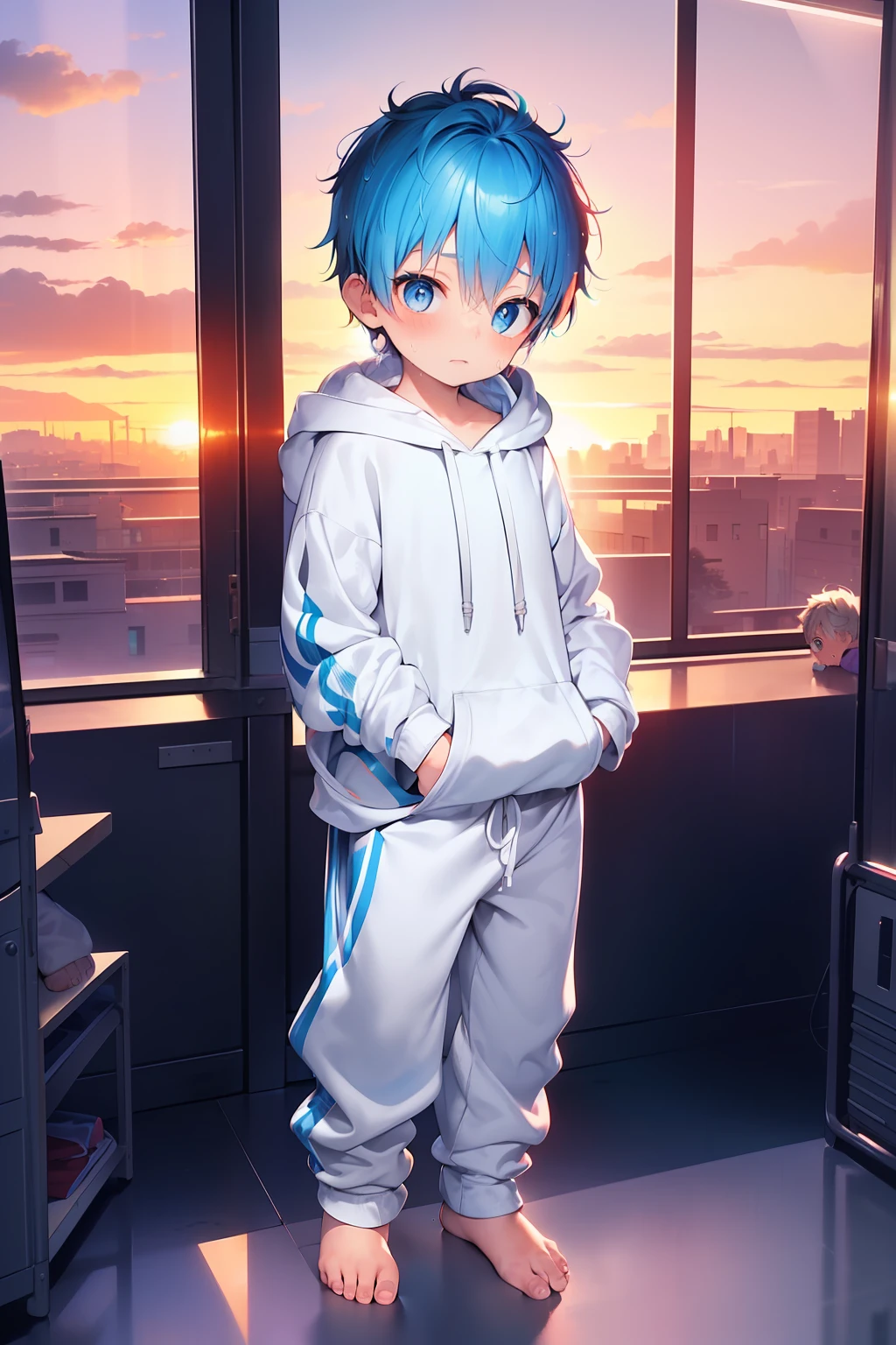 2 Little boys with bright rainbow colored hair and bright blue eyes and barefoot and small feet wearing a yellow oversized hoodie and sweatpants sitting on a window ledge, blushing, young, boy, child, small, toddler, tiny feet, (sweatpants:1.4), (young:1.4), (child:1.4), (shota:1.4), (hoodie:1.4), (Sunset:1.4)