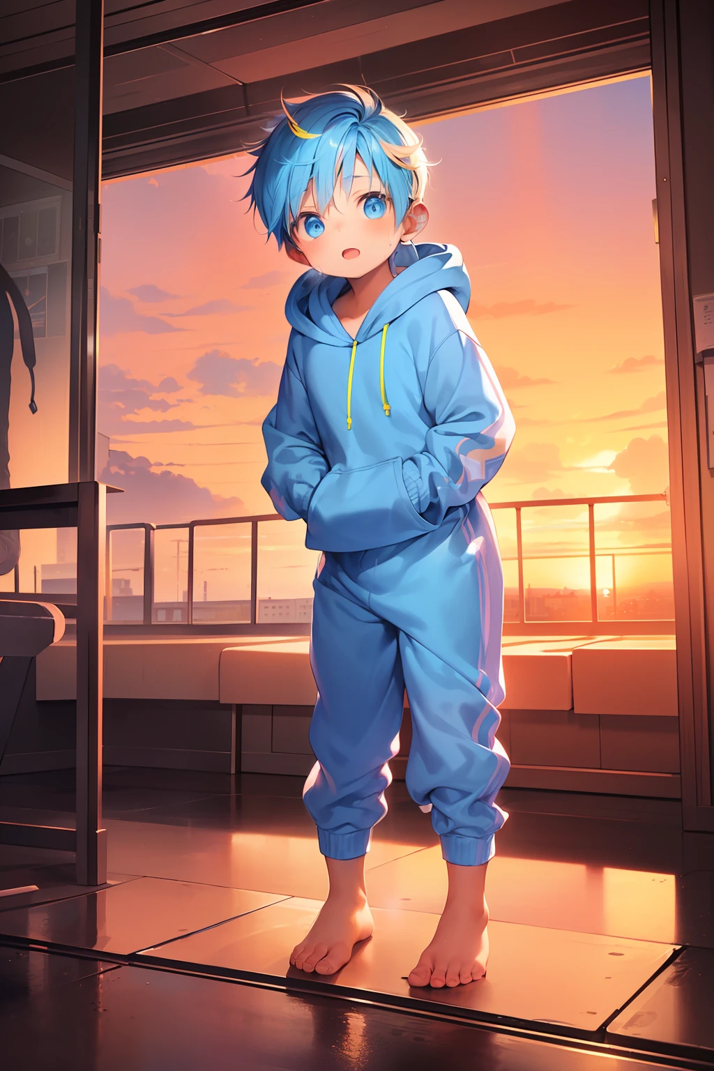 2 Little boys with bright rainbow colored hair and bright blue eyes and barefoot and small feet wearing a yellow oversized hoodie and sweatpants sitting on a window ledge, blushing, young, boy, child, small, toddler, tiny feet, (sweatpants:1.4), (young:1.4), (child:1.4), (shota:1.4), (hoodie:1.4), (Sunset:1.4)