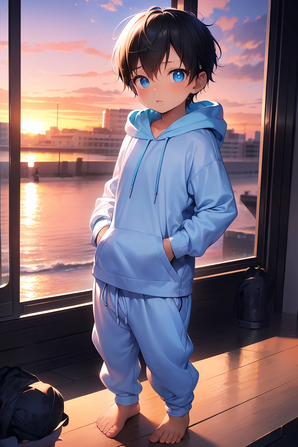 2 Little boys with bright rainbow colored hair and bright blue eyes and barefoot and small feet wearing a yellow oversized hoodie and sweatpants sitting on a window ledge, blushing, young, boy, child, small, toddler, tiny feet, (sweatpants:1.4), (young:1.4), (child:1.4), (shota:1.4), (hoodie:1.4), (Sunset:1.4)