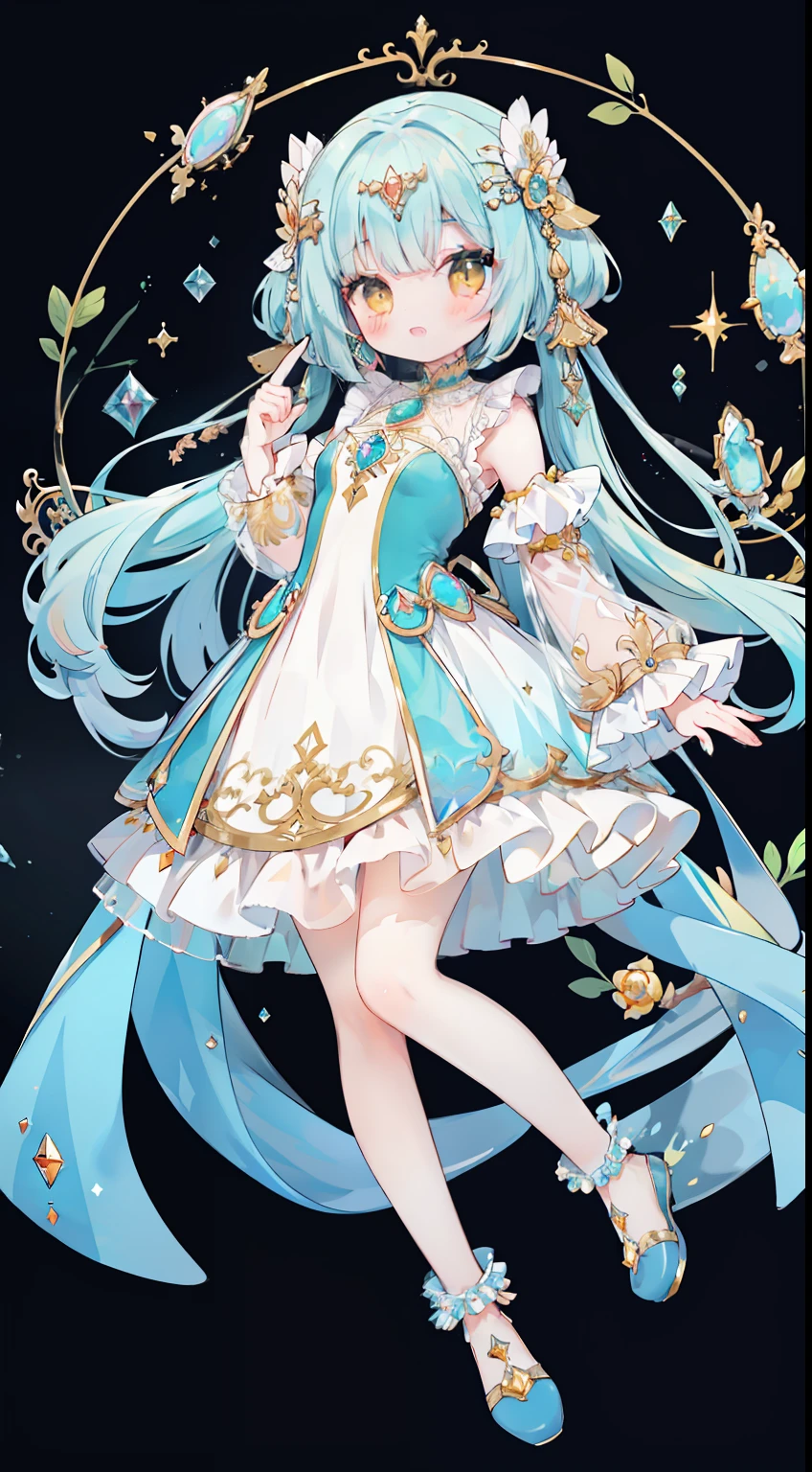Standing Picture、full bodyesbian、masterpiece、Top image quality、top-quality、One Girl、Pointing a finger、cute little、Pedras preciosas、Jewelry Dresses、Transparent dress、See-through sleeves、Pedras preciosas、jewel、Jewel Dress、Opal colored hair、yellow eyes