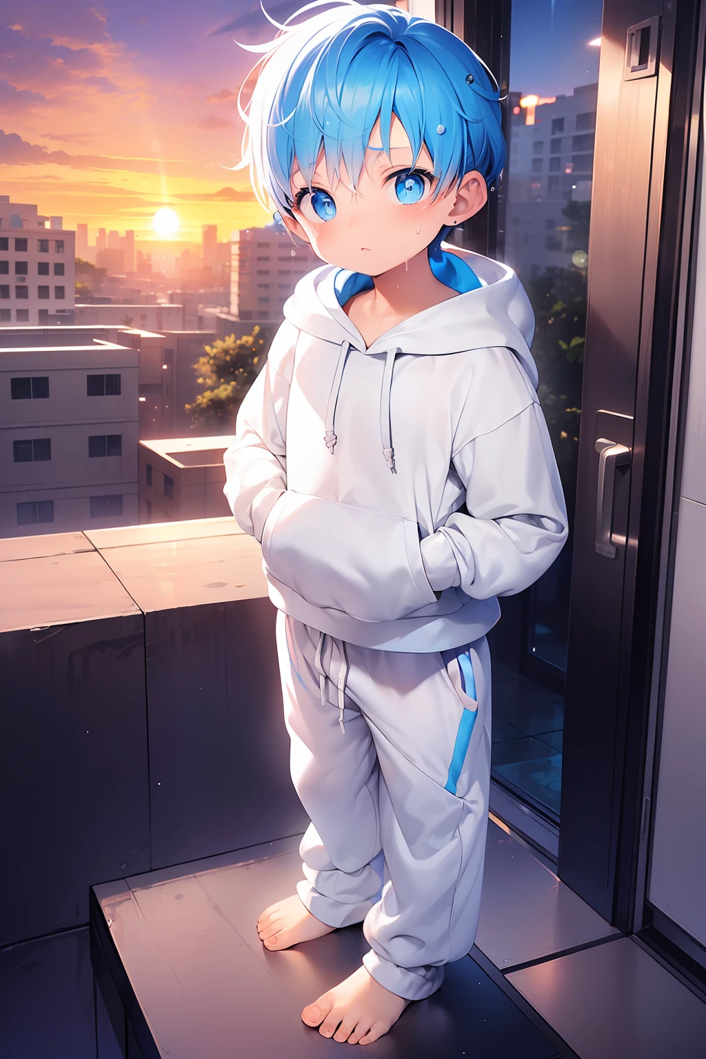 2 Little boys with bright rainbow colored hair and bright blue eyes and barefoot and small feet wearing a yellow oversized hoodie and sweatpants sitting on a window ledge, blushing, young, boy, child, small, toddler, tiny feet, (sweatpants:1.4), (young:1.4), (child:1.4), (shota:1.4), (hoodie:1.4), (Sunset:1.4)