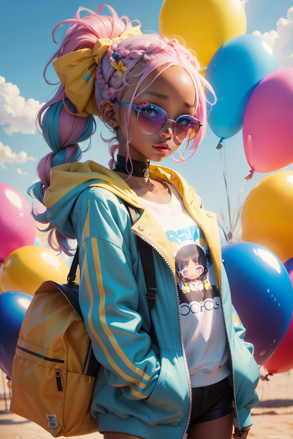 a cartoon girl, african american girl, african american elegant girl, beautiful and cute, wearing blue sunglasses, yellow jacket, white sweatshirt, lots of colorful balloons, baby face, cartoon style illustration, red and blue two-color hair, ponytail braided hair, perfect detail eyes, delicate face, colorful balloons, sky, cute detailed digital art, cartoon artstyle, cartoon art style, colorfull illustration, adorable digital painting, cute art style, cute cartoon character