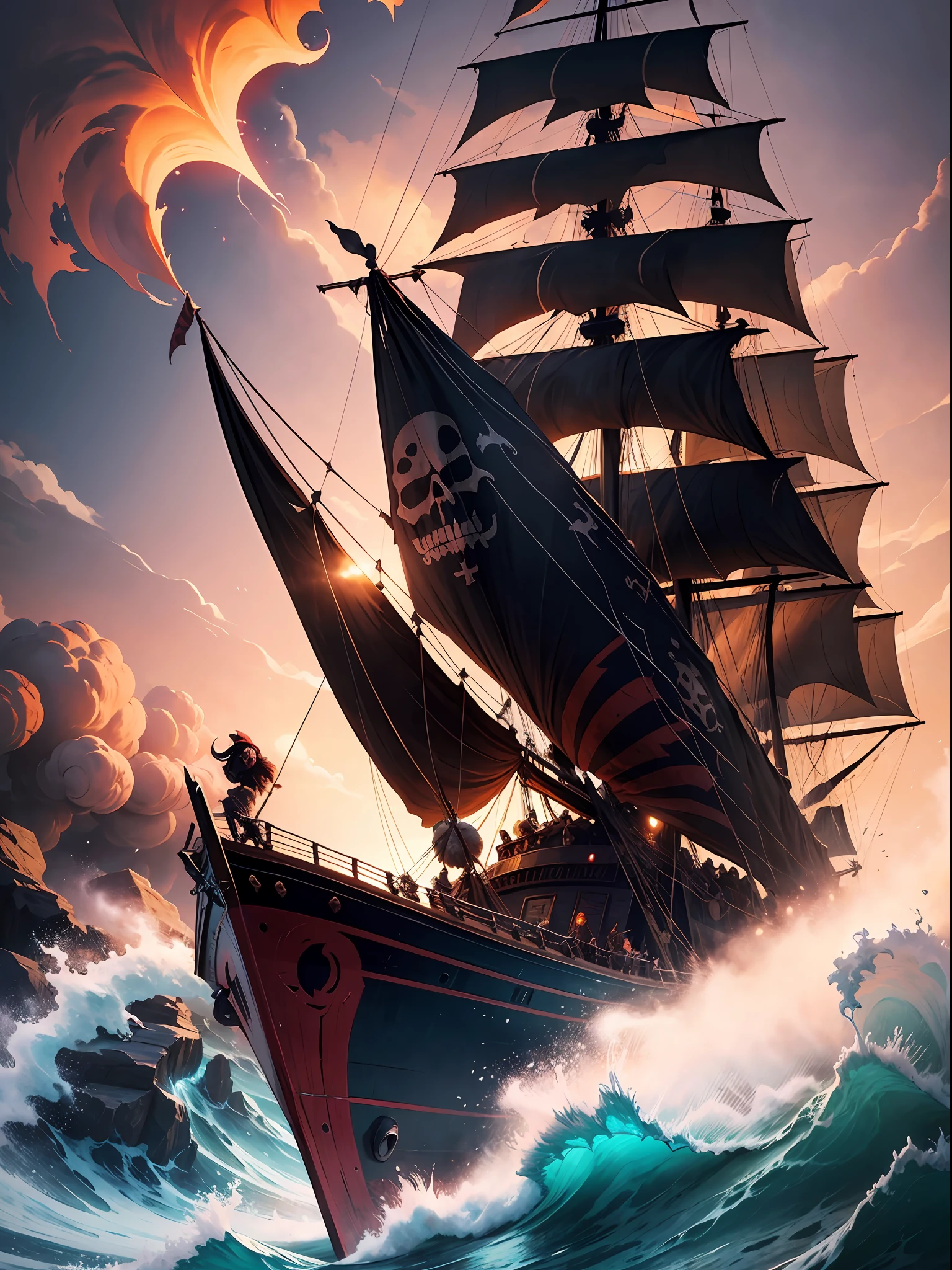 Savage digital painting of a thrilling pirate ship clash at dusk. The infamous pirate leader Blackbeard stands defiantly on the deck of his battered ship, the Queen Anne’s Revenge, barking orders fiercely as mayhem erupts around him. Cannon smoke clouds the air as the ships unleash heavy fire, cannonballs tearing through the sails. Sailors slash and stab violently on the decks and the ropes high above. The crimson sunset casts a menacing glow over the scene. Blackbeard’s wicked flag featuring a skeleton skewering a heart flutters ominously atop the main mast. Vivid, fiery colors accentuate explosions and havoc with artistic flair.