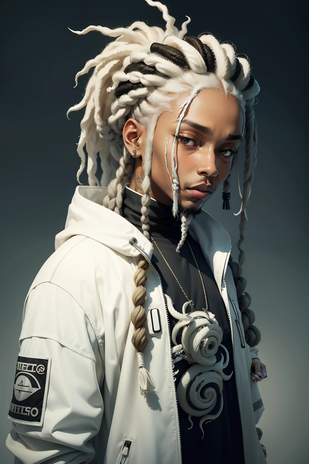 1rapper with biodread hair, modern all-white clothing with black stripes(H R Gigger), fog, detailed and realistic image, amazing composition with vintage scenery with abstract shapes, abstract minimalist background with tentacles, melt, drip, yoshitomo nara:1.5, wes anderson:1.3, new casualism, retro, minimalism,BiopunkAI