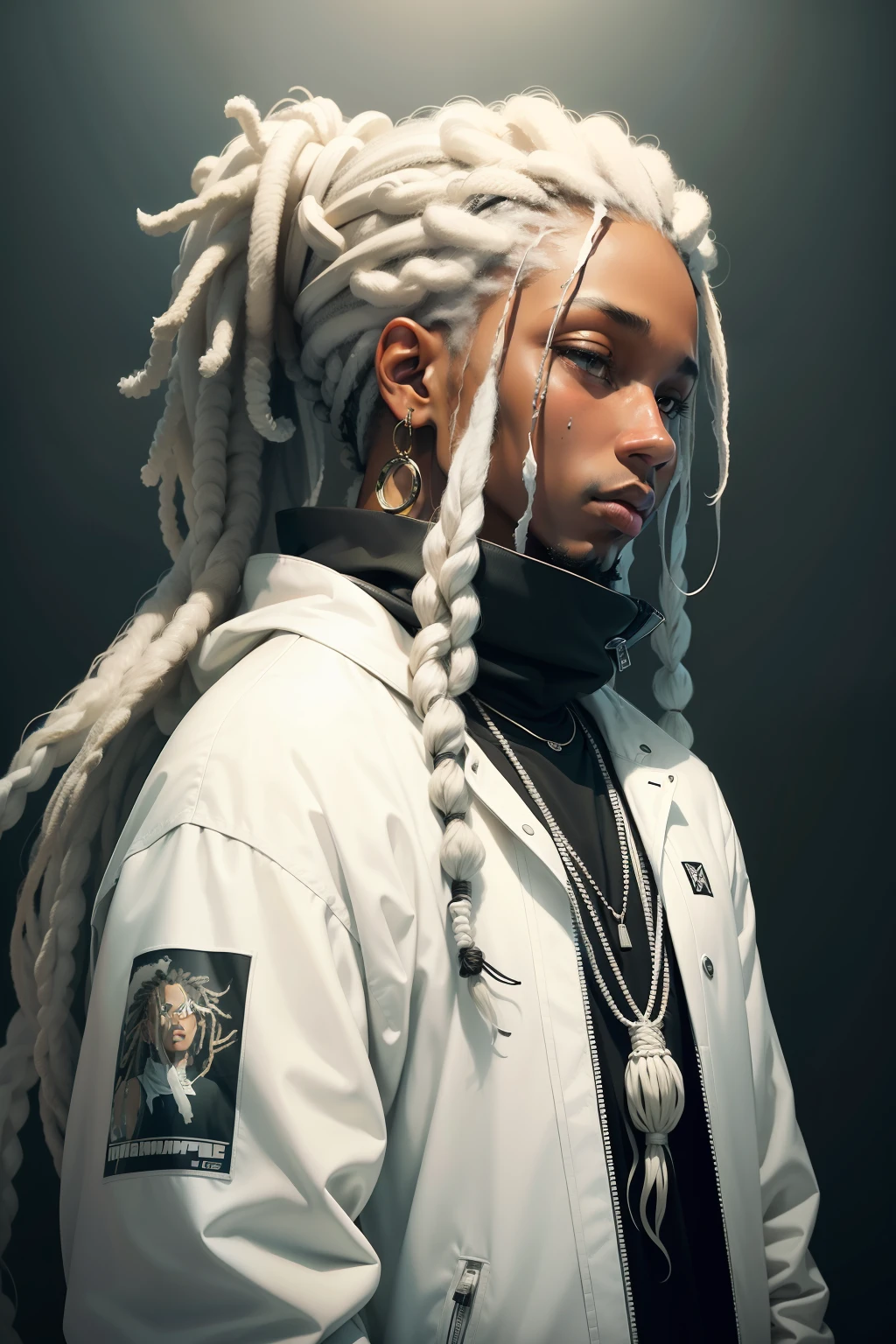 1rapper with biodread hair, modern all-white clothing with black stripes(H R Gigger), fog, detailed and realistic image, amazing composition with vintage scenery with abstract shapes, abstract minimalist background with tentacles, melt, drip, yoshitomo nara:1.5, wes anderson:1.3, new casualism, retro, minimalism,BiopunkAI