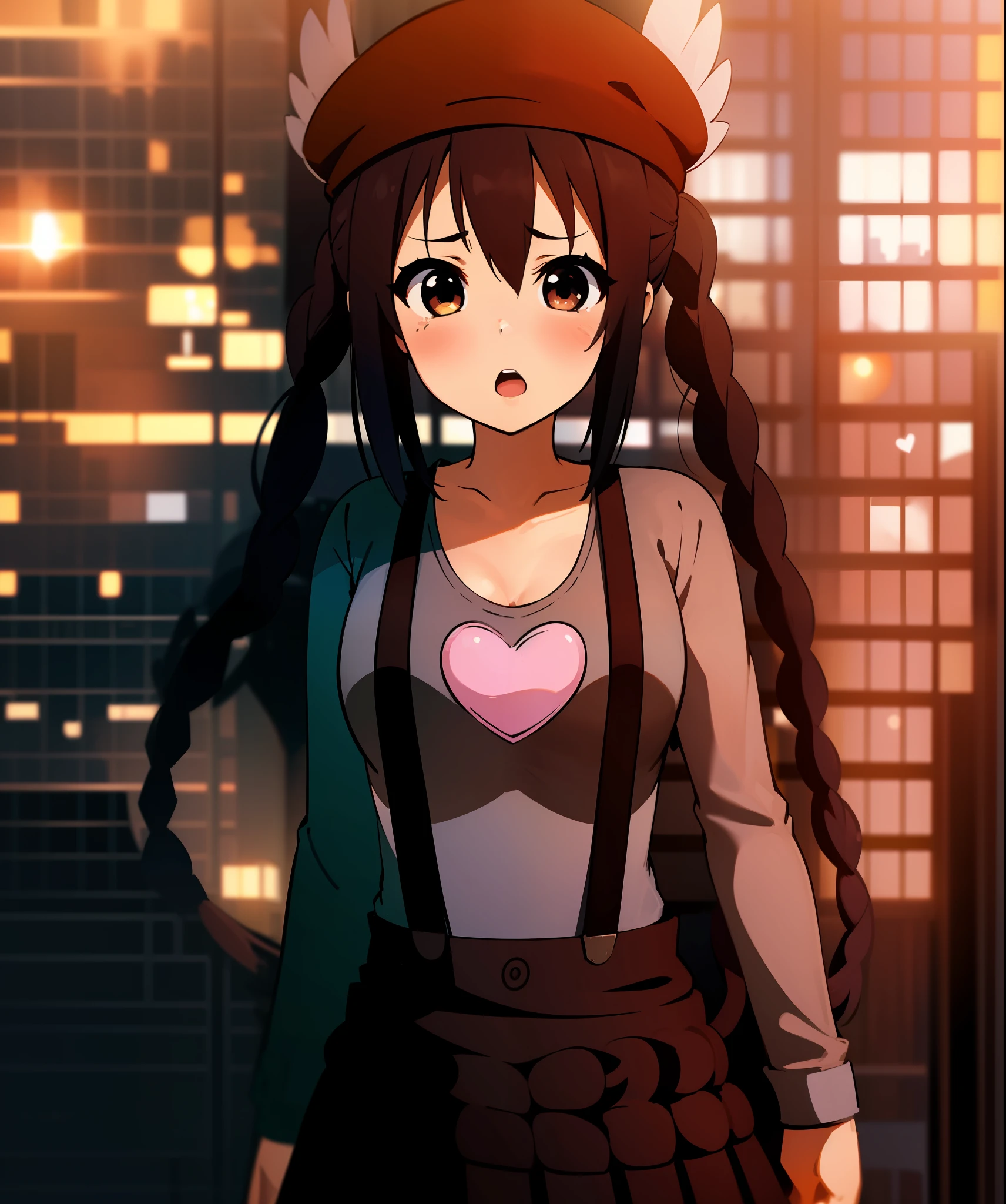 1girl, (((masterpiece))), top-quality, top-quality, High Details, nakano azusa, 1girl, Twin-tailed, length hair, A dark-haired, brown-eyed, Gray T-shirt.suspenders.a black skirt.illustratio, comic strip, soothing tones, Subdued Color, Soft cinematic light, adobe lightroom, photolab, HDR, intricately and hyper-detailed、(((depth of fields))))。(((masterpiece)))。(((top-quality))).)((ultra-detailliert)))。(((illustratio)))。(((takeout))).dynamic focus.big breasts.(((Skyscrapers))).(((A city scape))).(((Face of sadness))). open mouth.(((fighting stance))).(((up chest))).((evening glow)).((the setting sun)).(((Heart on chest))).Feathered hat