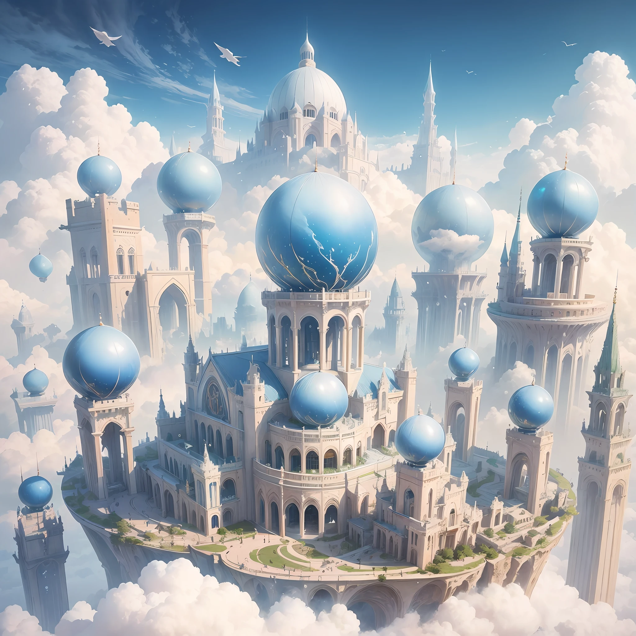 There is a castle,There are many blue domes in the sky, Cloud Palace, flying cloud castle, futuristic persian palace, fantasy matte painting,Cute, Sacred City | illustration, palace floating in heaven, ross tran. scenery background, floating city on clouds, elven palace of ghemathar, fantasy cityscape, palace floating in the sky, castle made of clouds