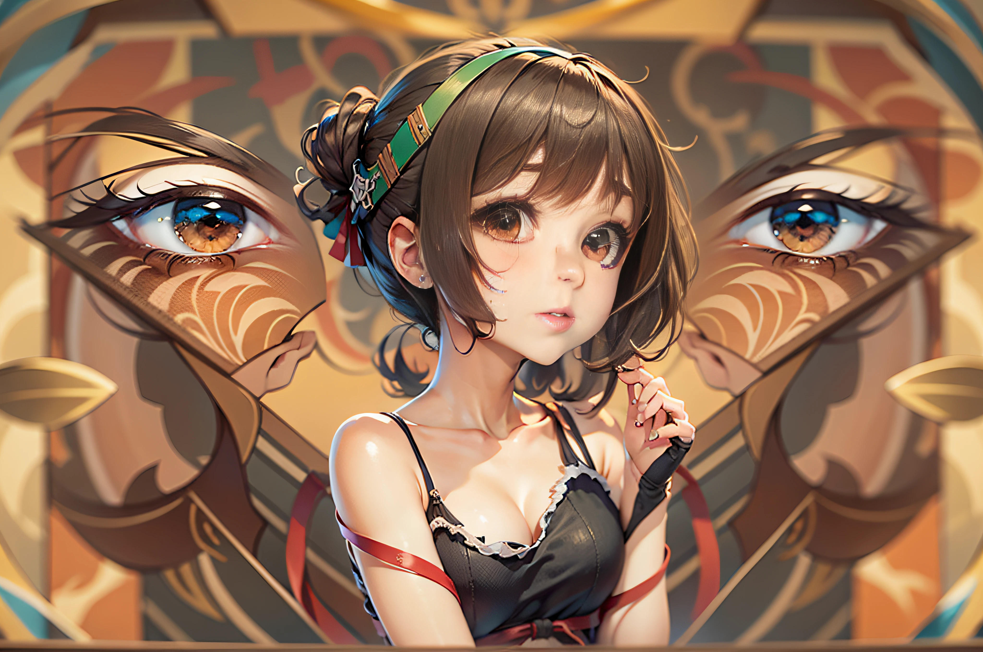 Vista de cuerpo completo, art anime profesional, Young woman 16 years old, seductora profesional, Short dark brown hair, ojos color caramelo verde, Ankha, delgada de cuerpo perfecto, Symmetrical and cheerful face, ropa ajustada , transparente, Pose sexy, 8k, Detalles intrincados, 50mm