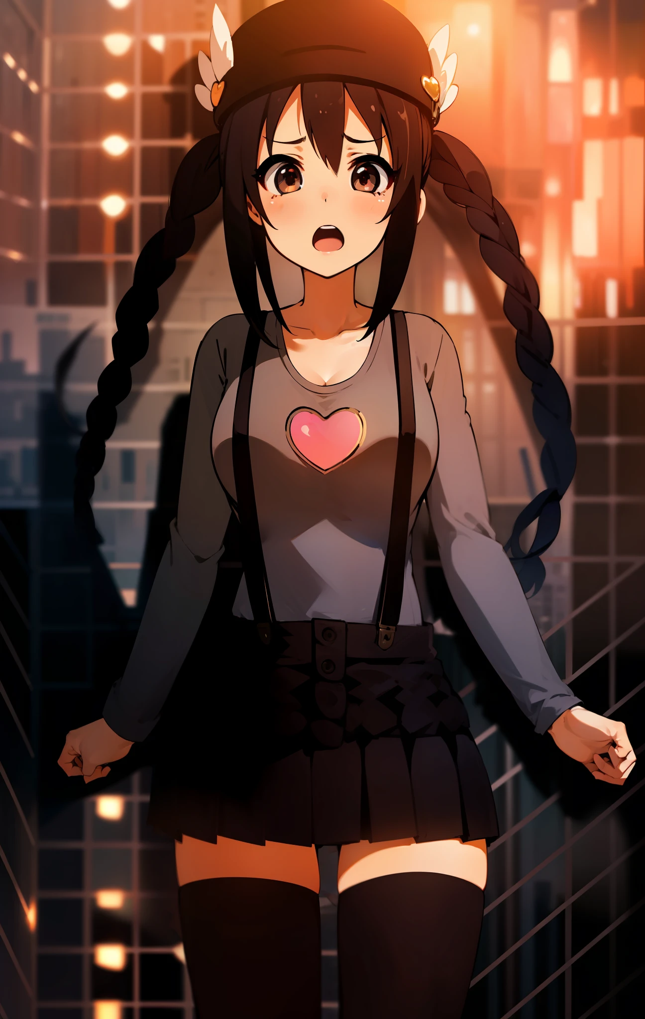 1girl, (((​masterpiece))), top-quality, top-quality, High Details, nakano azusa, 1girl, Twin-tailed, length hair, A dark-haired, brown-eyed, Gray T-shirt.suspenders.a black skirt.illustratio, comic strip, soothing tones, Subdued Color, Soft cinematic light, adobe lightroom, photolab, HDR, intricately and hyper-detailed、(((depth of fields))))。(((​masterpiece)))。(((top-quality))).)((ultra-detailliert)))。(((illustratio)))。(((takeout))).dynamic focus.big breasts.(((Skyscrapers))).(((A city scape))).(((Face of sadness))). open mouth.(((fighting stance))).(((up chest))).((evening glow)).((the setting sun)).(((Heart on chest))).Feathered hat