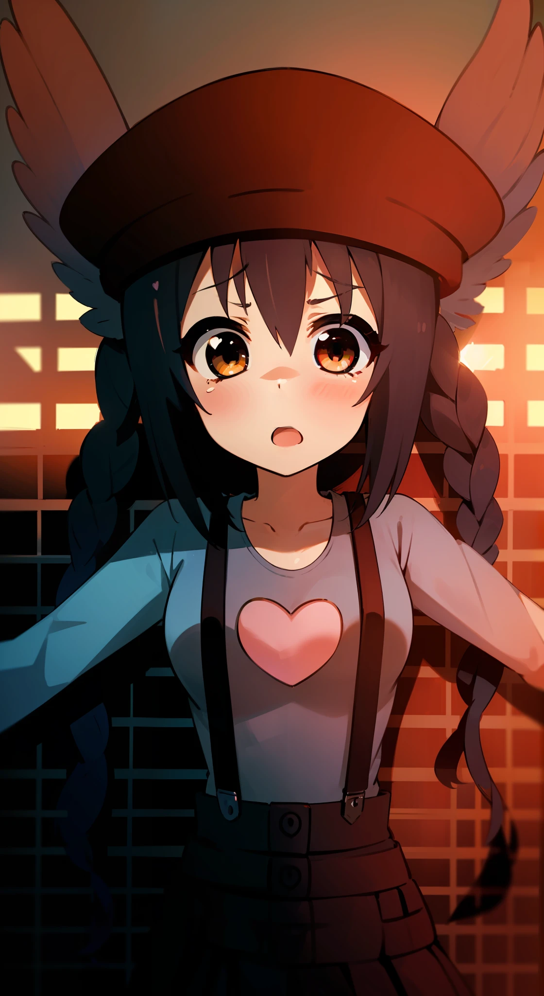 1girl in, (((​masterpiece))), top-quality, top-quality, high details, nakano azusa, 1girl in, Twin-tailed, length hair, A dark-haired, Brown-eyed, Gray T-shirt.suspenders.a black skirt.illustratio, comic strip, Soothing tones, Subdued Color, Soft cinematic light, adobe lightroom, Photolab, nffsw, intricately and hyper-detailed、(((depth of fields))))。(((​masterpiece)))。(((top-quality))).)((ultra-detailliert)))。(((illustratio)))。(((takeout))).Dynamic Focus.Big breasts.(((Skyscrapers))).(((A city scape))).(((Face of sadness))). Open mouth.(((Fighting stance))).(((up chest))).((Evening glow)).((the setting sun)).(((Heart on chest))).Feathered hat