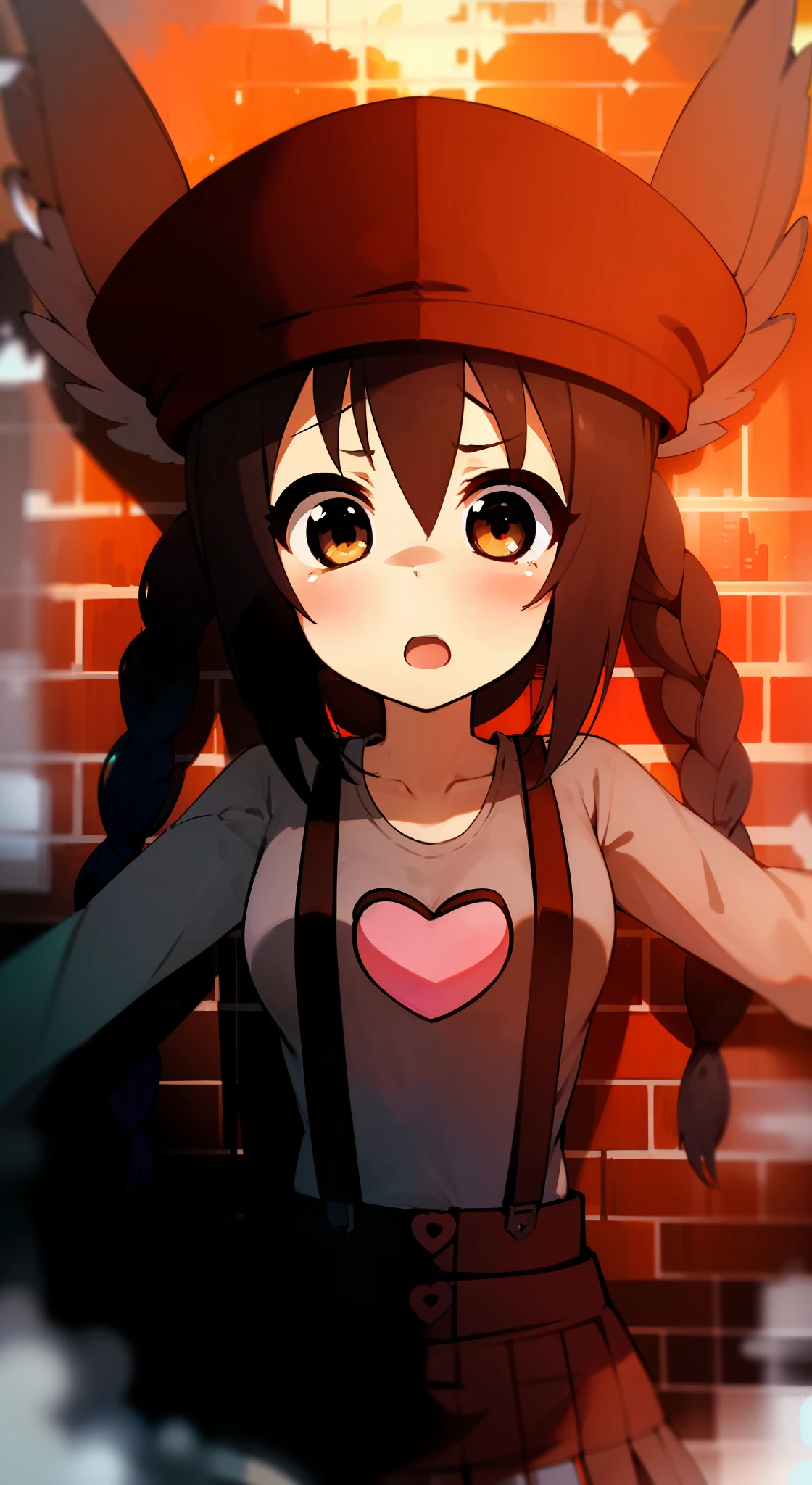 1girl in, (((masterpiece))), top-quality, top-quality, high details, nakano azusa, 1girl in, Twin-tailed, length hair, A dark-haired, Brown-eyed, Gray T-shirt.suspenders.a black skirt.illustratio, comic strip, Soothing tones, Subdued Color, Soft cinematic light, adobe lightroom, Photolab, nffsw, intricately and hyper-detailed、(((depth of fields))))。(((masterpiece)))。(((top-quality))).)((ultra-detailliert)))。(((illustratio)))。(((takeout))).Dynamic Focus.Big breasts.(((Skyscrapers))).(((A city scape))).(((Face of sadness))). Open mouth.(((Fighting stance))).(((up chest))).((Evening glow)).((the setting sun)).(((Heart on chest))).Feathered hat