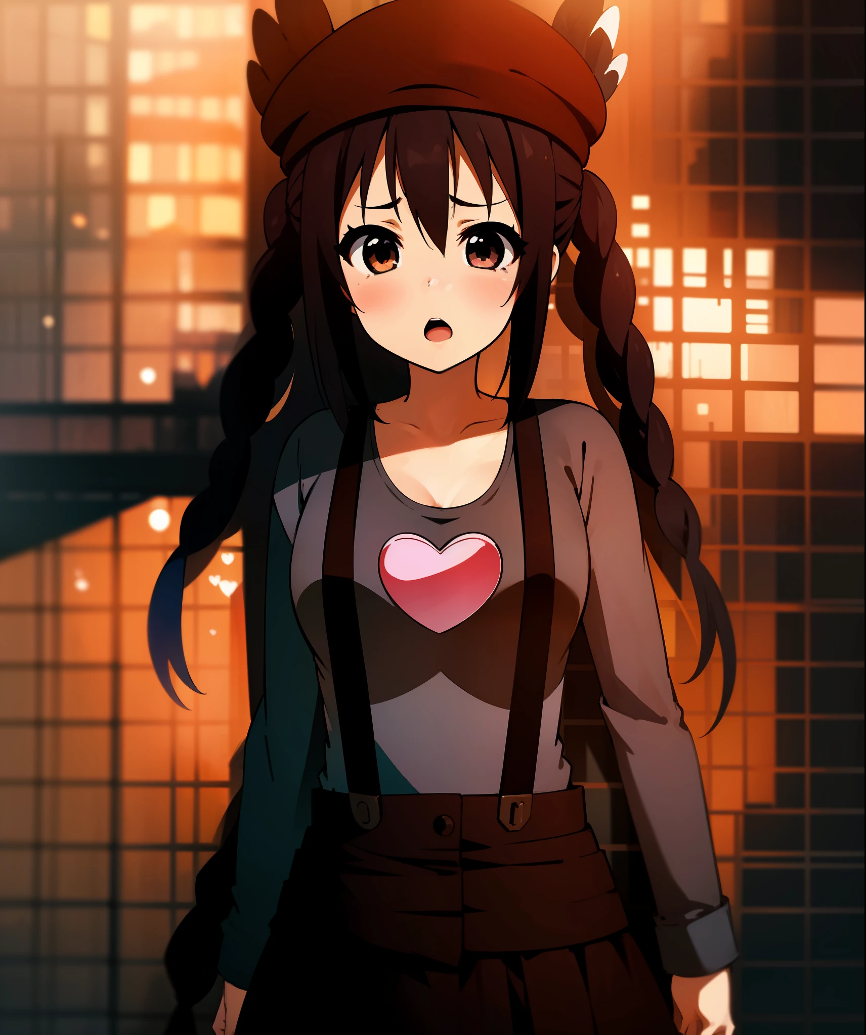1girl, (((masterpiece))), top-quality, top-quality, High Details, nakano azusa, 1girl, Twin-tailed, length hair, A dark-haired, brown-eyed, Gray T-shirt.suspenders.a black skirt.illustratio, comic strip, soothing tones, Subdued Color, Soft cinematic light, adobe lightroom, photolab, HDR, intricately and hyper-detailed、(((depth of fields))))。(((masterpiece)))。(((top-quality))).)((ultra-detailliert)))。(((illustratio)))。(((takeout))).dynamic focus.big breasts.(((Skyscrapers))).(((A city scape))).(((Face of sadness))). open mouth.(((fighting stance))).(((up chest))).((evening glow)).((the setting sun)).(((Heart on chest))).Feathered hat