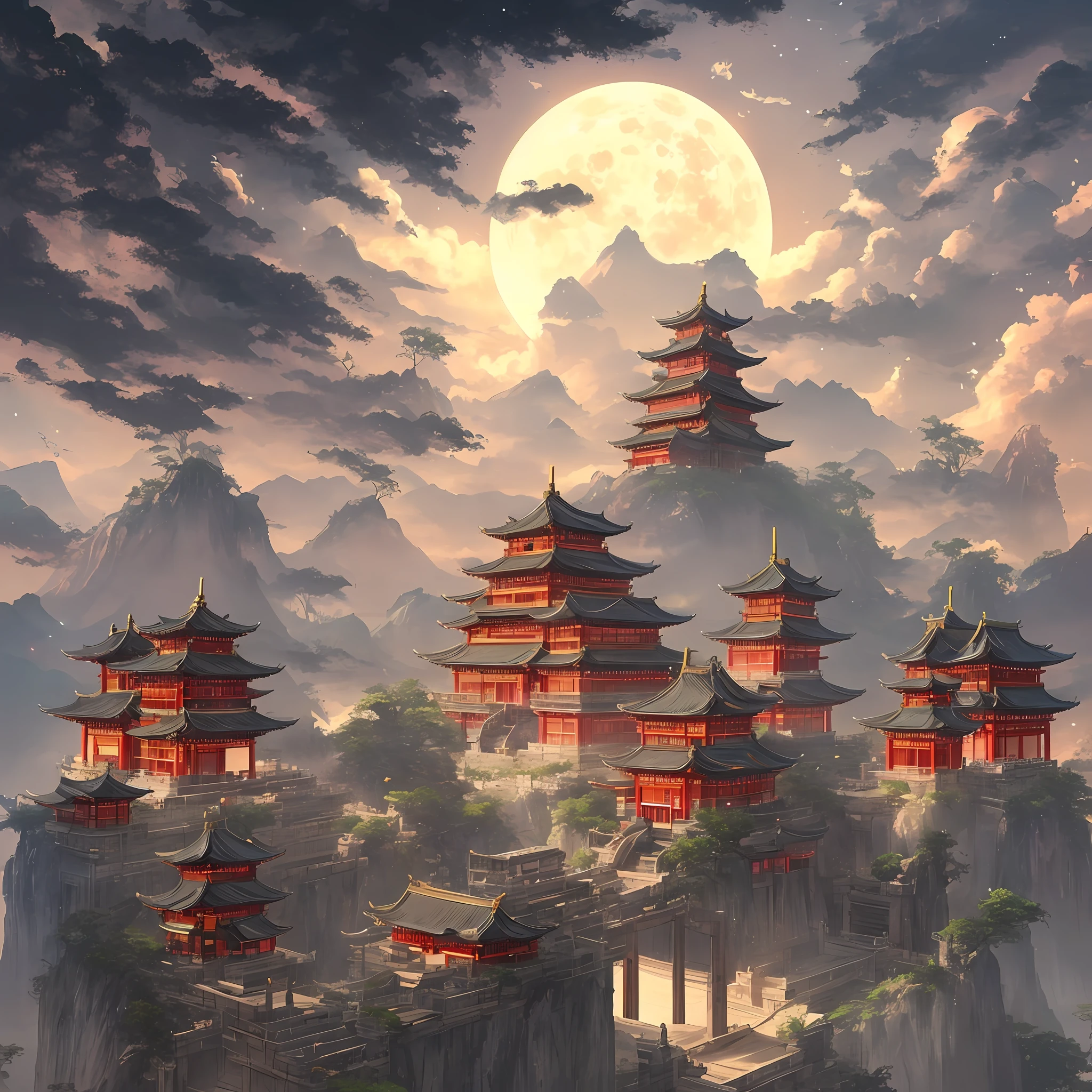 The background is an anime landscape of a temple with a full moon, cyberpunk chinese ancient castle, dreamy Chinese towns, trending on artstation pixiv, ross tran. scenery background, by Yang J, Cloud Palace, andreas rocha style, Chinese fantasy, author：Wang Lei, G Liulian art style, chengwei pan on artstation, By Li Song