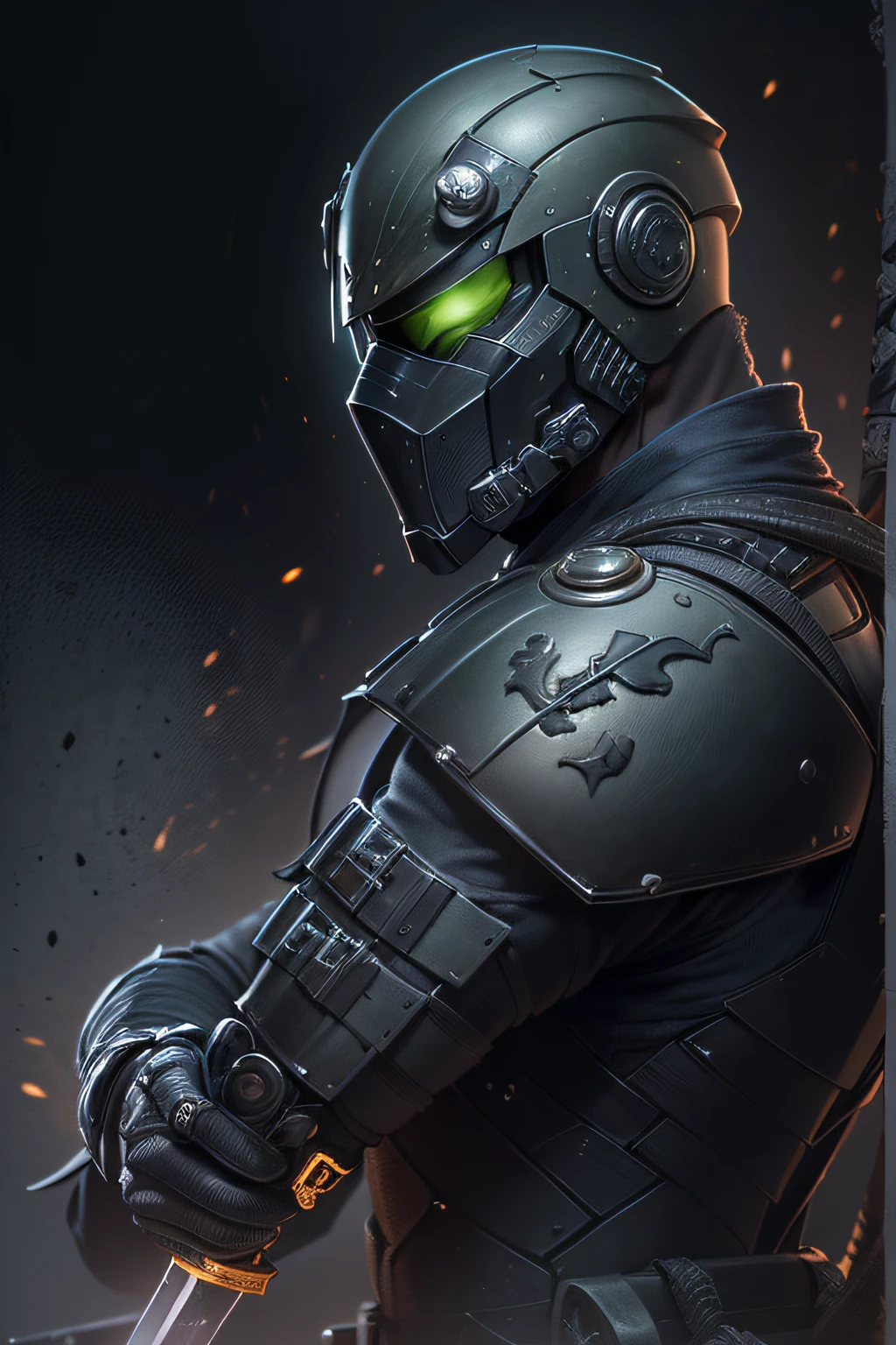 ((Obra maestra, La mejor calidad, Detalle extremo)arafed man in a black suit holding a sword and wearing a helmet, snake eyes, clothed in stealth armor, splinter cell, shinobi, stealth suit, cyborg ninja