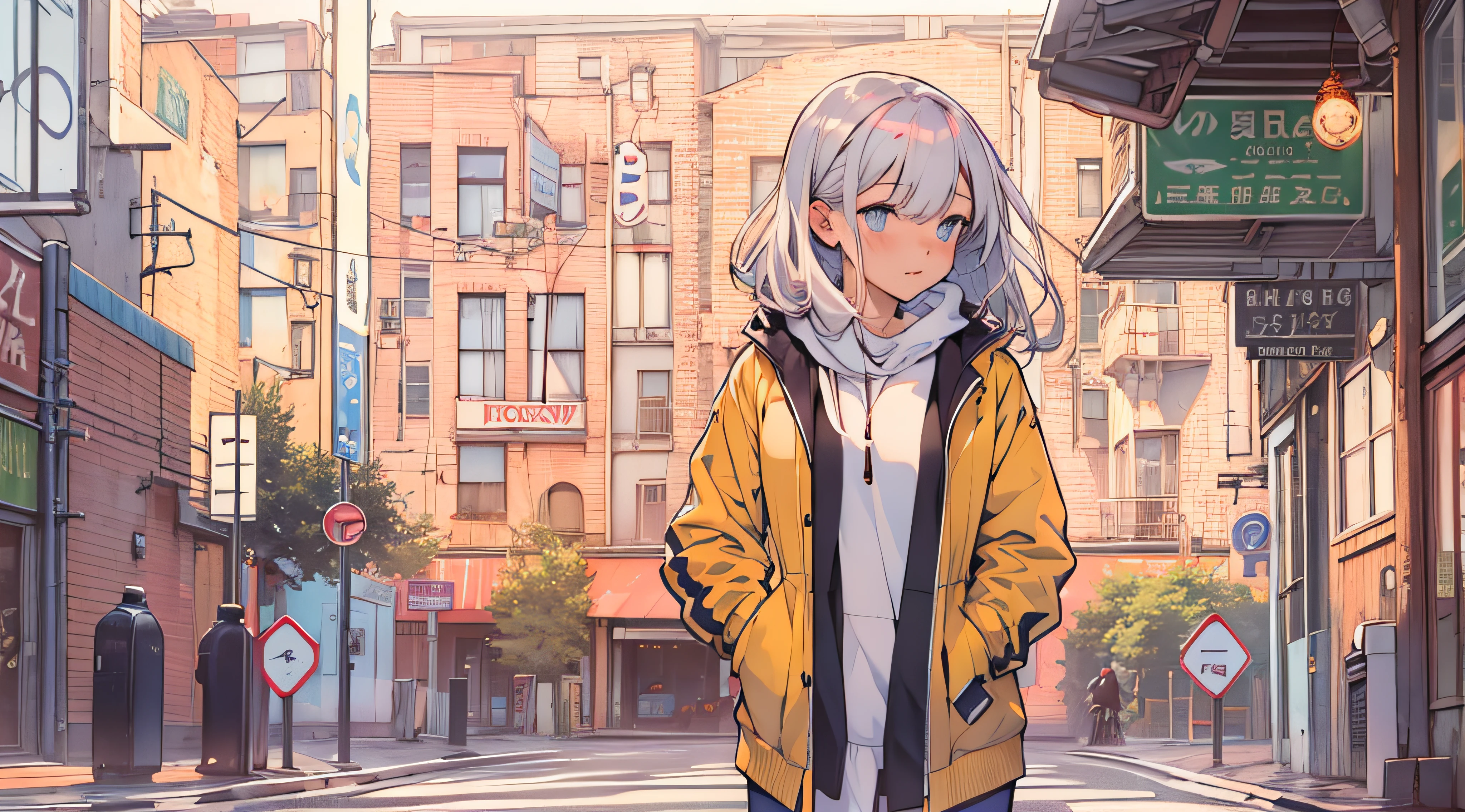 single cute adult girl, standing in city