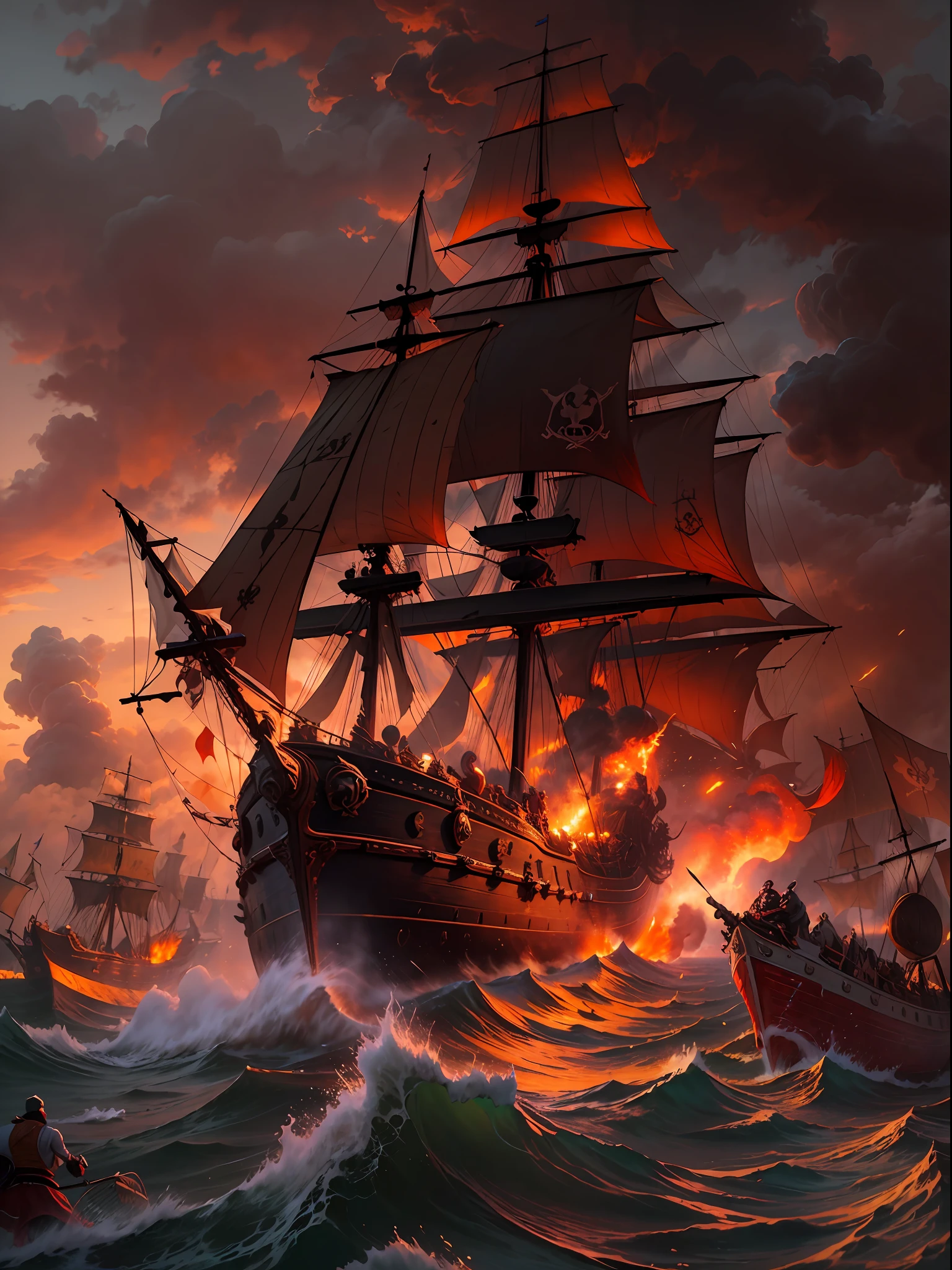 Savage digital painting of a thrilling pirate ship clash at dusk. The infamous pirate leader Blackbeard stands defiantly on the deck of his battered ship, the Queen Anne’s Revenge, barking orders fiercely as mayhem erupts around him. Cannon smoke clouds the air as the ships unleash heavy fire, cannonballs tearing through the sails. Sailors slash and stab violently on the decks and the ropes high above. The crimson sunset casts a menacing glow over the scene. Blackbeard’s wicked flag featuring a skeleton skewering a heart flutters ominously atop the main mast. Vivid, fiery colors accentuate explosions and havoc with artistic flair.