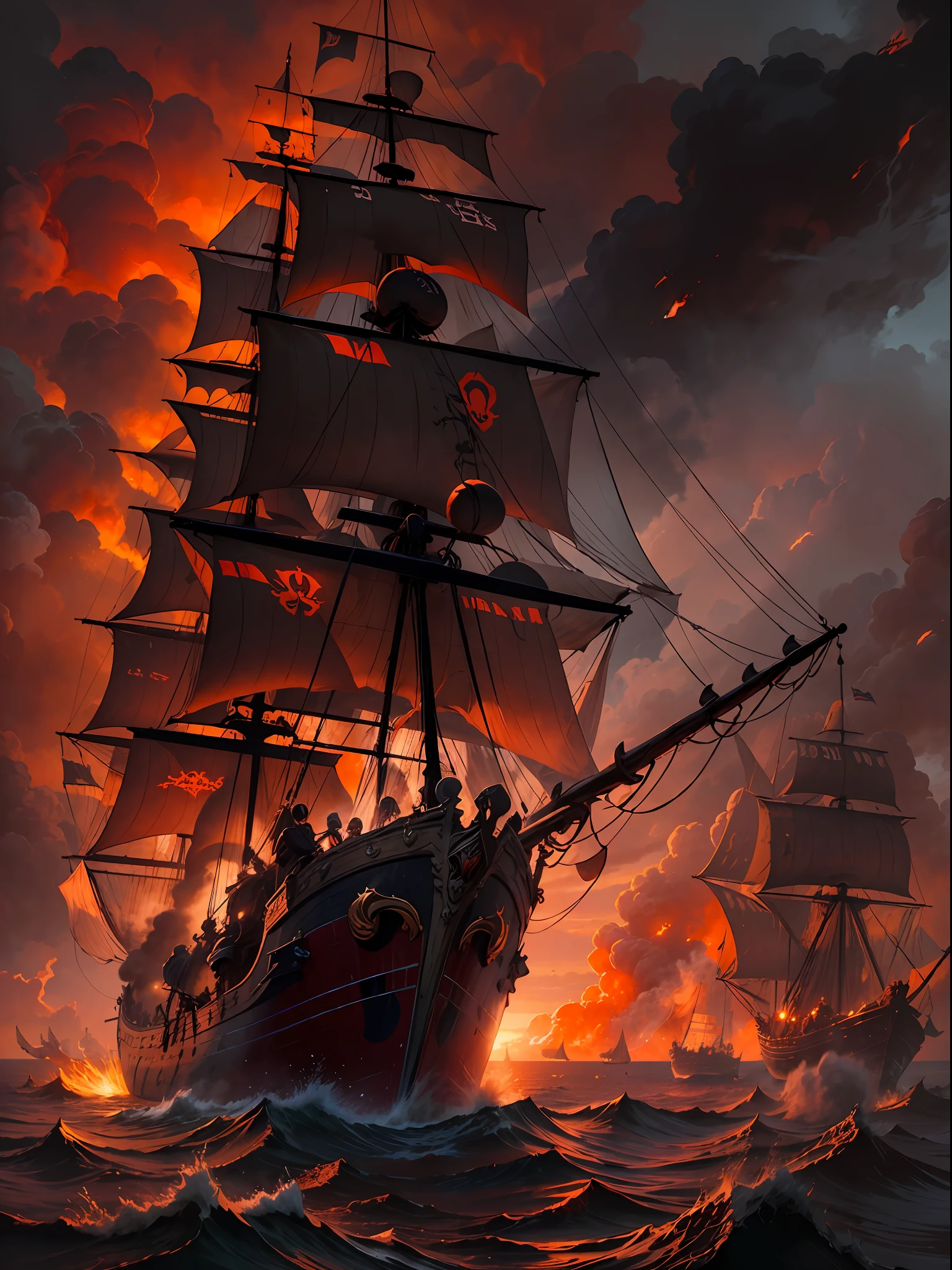 Savage digital painting of a thrilling pirate ship clash at dusk. The infamous pirate leader Blackbeard stands defiantly on the deck of his battered ship, the Queen Anne’s Revenge, barking orders fiercely as mayhem erupts around him. Cannon smoke clouds the air as the ships unleash heavy fire, cannonballs tearing through the sails. Sailors slash and stab violently on the decks and the ropes high above. The crimson sunset casts a menacing glow over the scene. Blackbeard’s wicked flag featuring a skeleton skewering a heart flutters ominously atop the main mast. Vivid, fiery colors accentuate explosions and havoc with artistic flair.