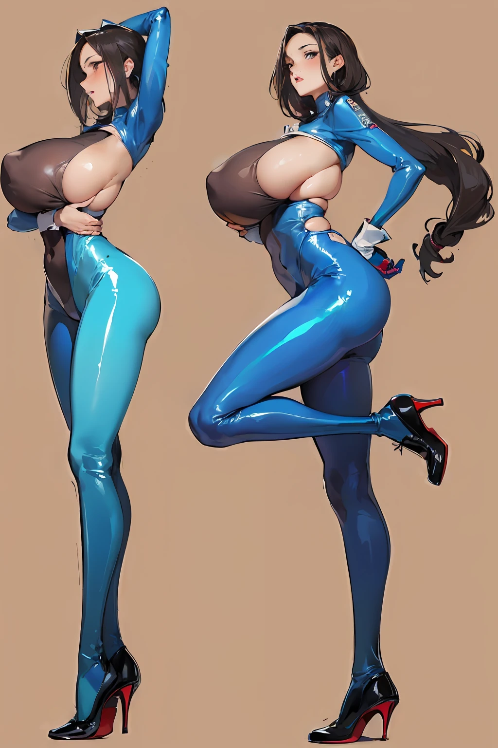full bodyesbian,Nine women,Stand in a row,One-piece tights,Conjoinment,Blue latex set,Standing on the ground,huge tit,Slim,long leges,Stand up straight,nothing background,Slim,extra long leg,Huge breasts,A sagging breast,latex body suit,skinny pants,tightsuit