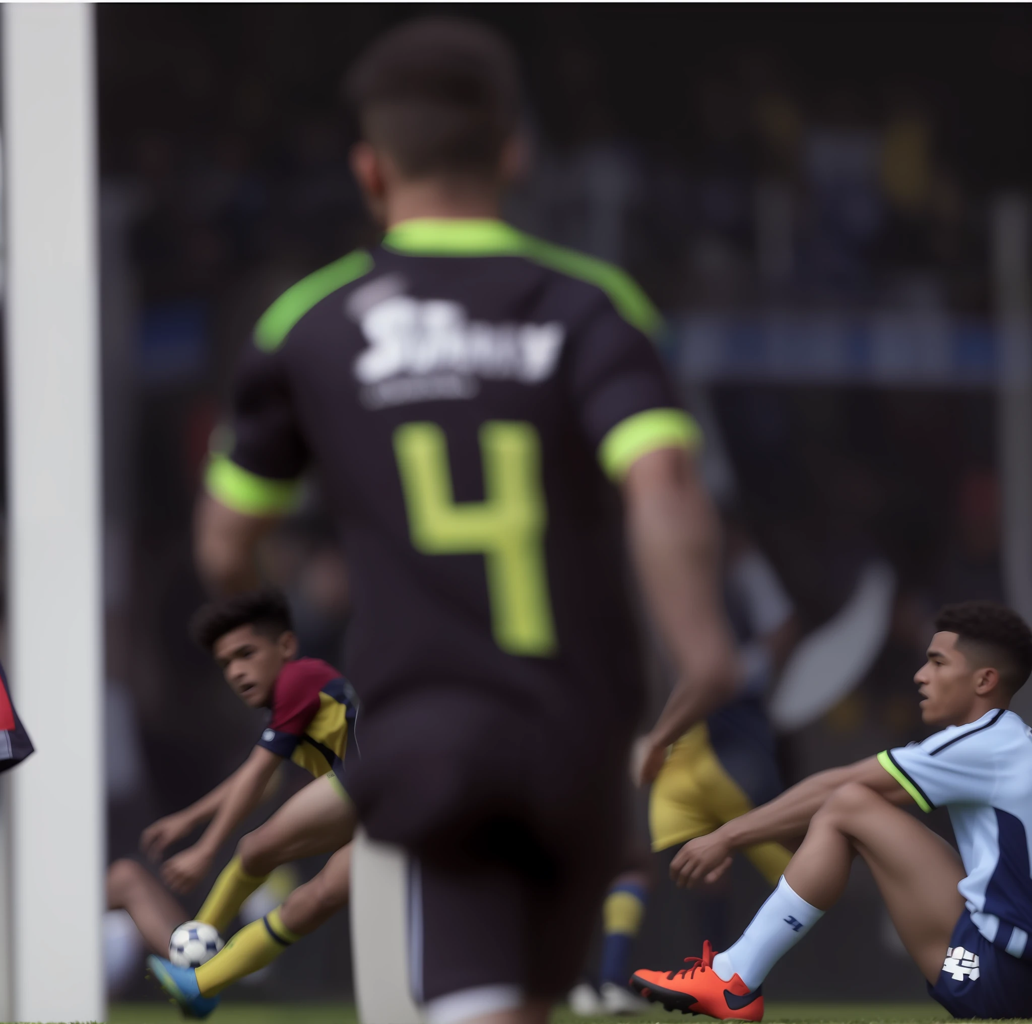 Jogador de futebol infantil moreno com uniforme preto e amarelo correndo nas costas com uma rede de futebol ao fundo, foto descoberta, foto imagem muito coerente, fotografado acidentalmente, imagem real, foto mais nitida