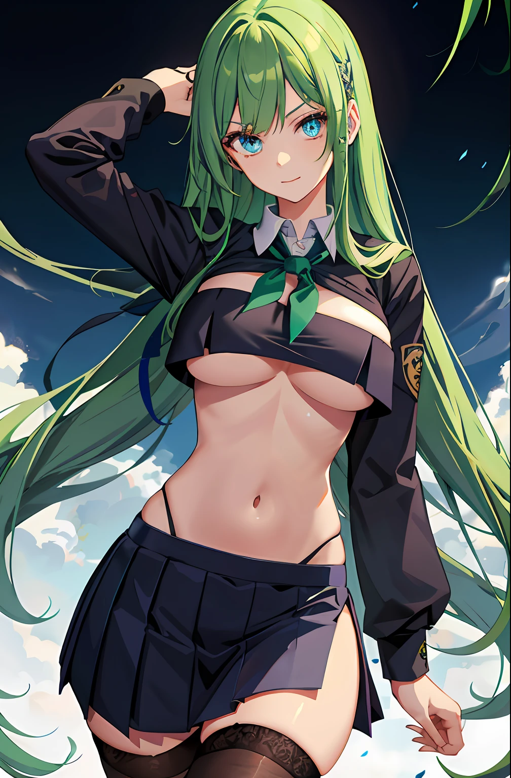 Kizi， highr， Concealed arm， Blue_and_Green hair， Detailed beautiful eyes， navy blue eyes， evilsmile， medium boob， Open navel，big breasts thin waist，medium thigh， 校服， Japan School Uniform，JK school uniform，Long black stockings， Detailed clothes， tmasterpiece